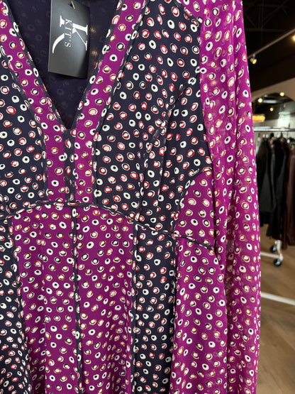 Diane von Furstenberg Purple & Navy Silk Polka Dot Long Sleeve Dress