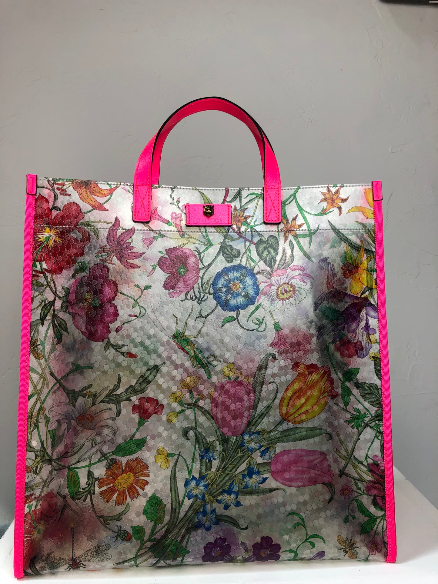 Gucci "Neon Flora" Neon Pink Leather w Vinyl Multicolor Floral Tote Bag