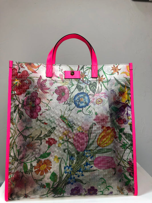 Gucci "Neon Flora" Neon Pink Leather w Vinyl Multicolor Floral Tote Bag