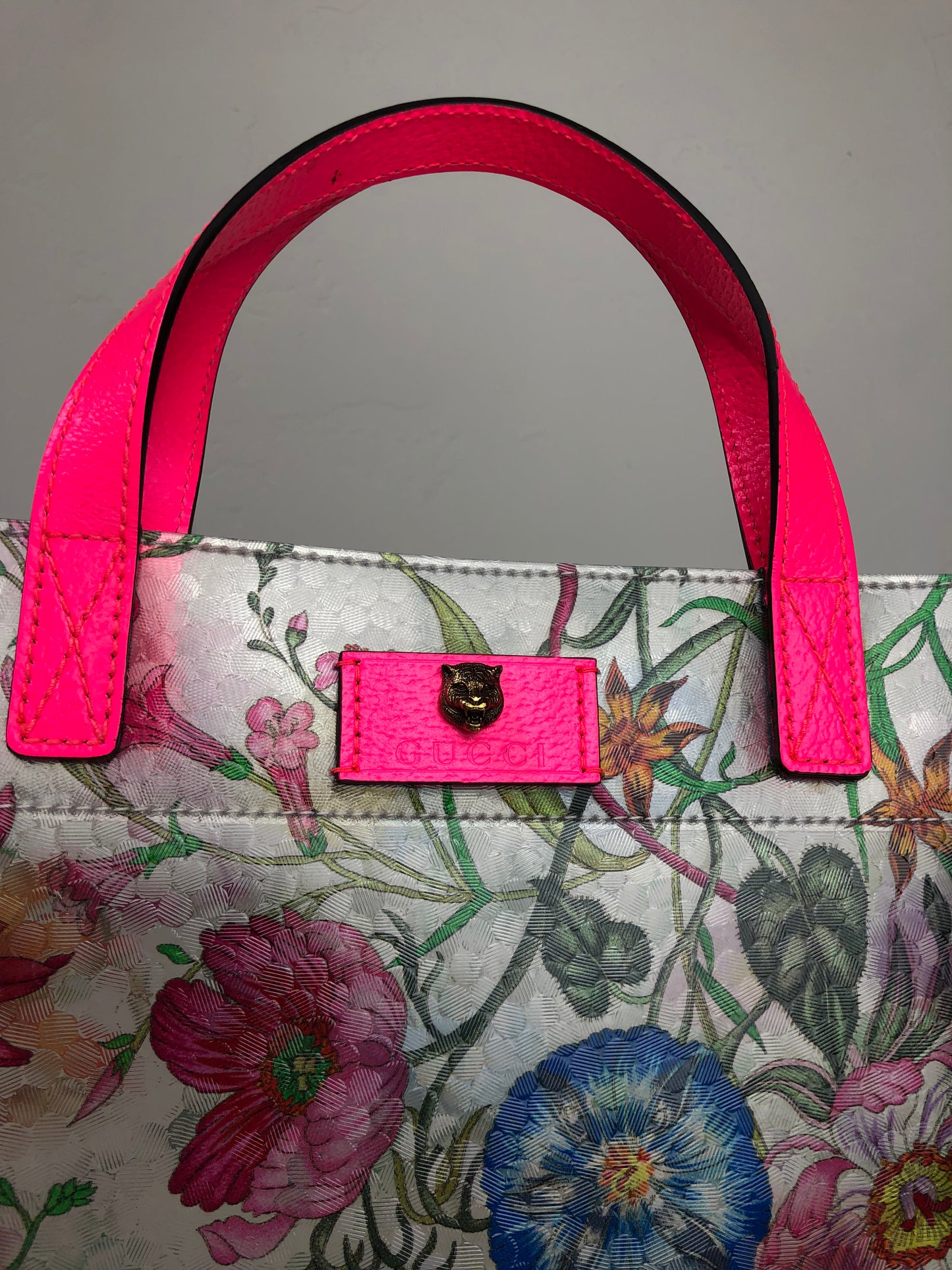 Gucci "Neon Flora" Neon Pink Leather w Vinyl Multicolor Floral Tote Bag