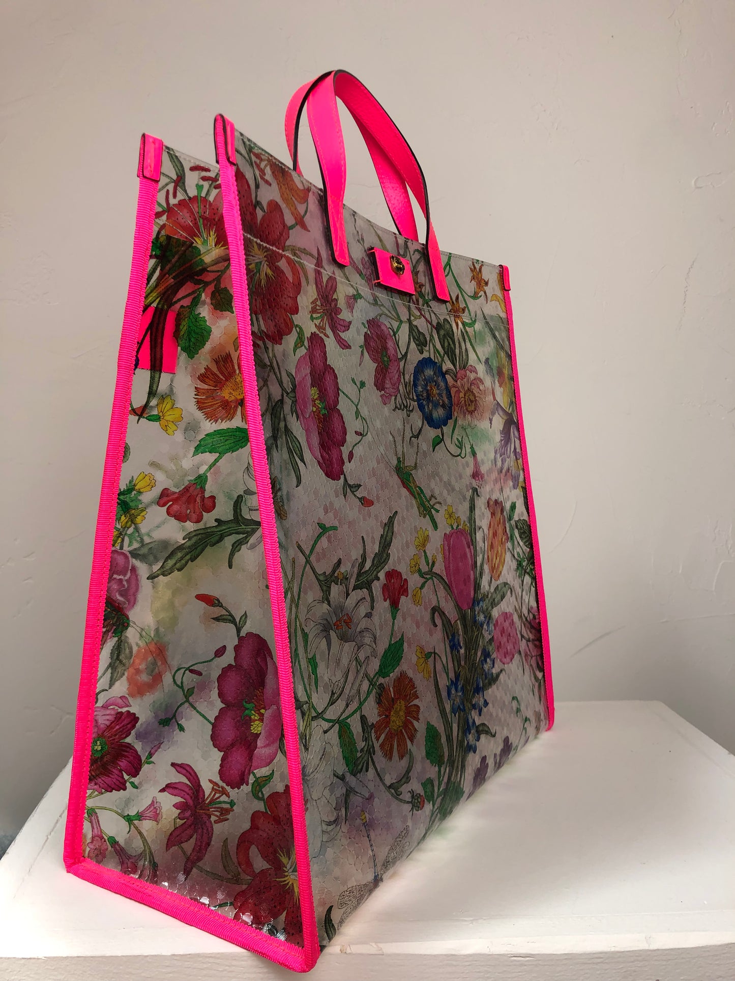 Gucci "Neon Flora" Neon Pink Leather w Vinyl Multicolor Floral Tote Bag