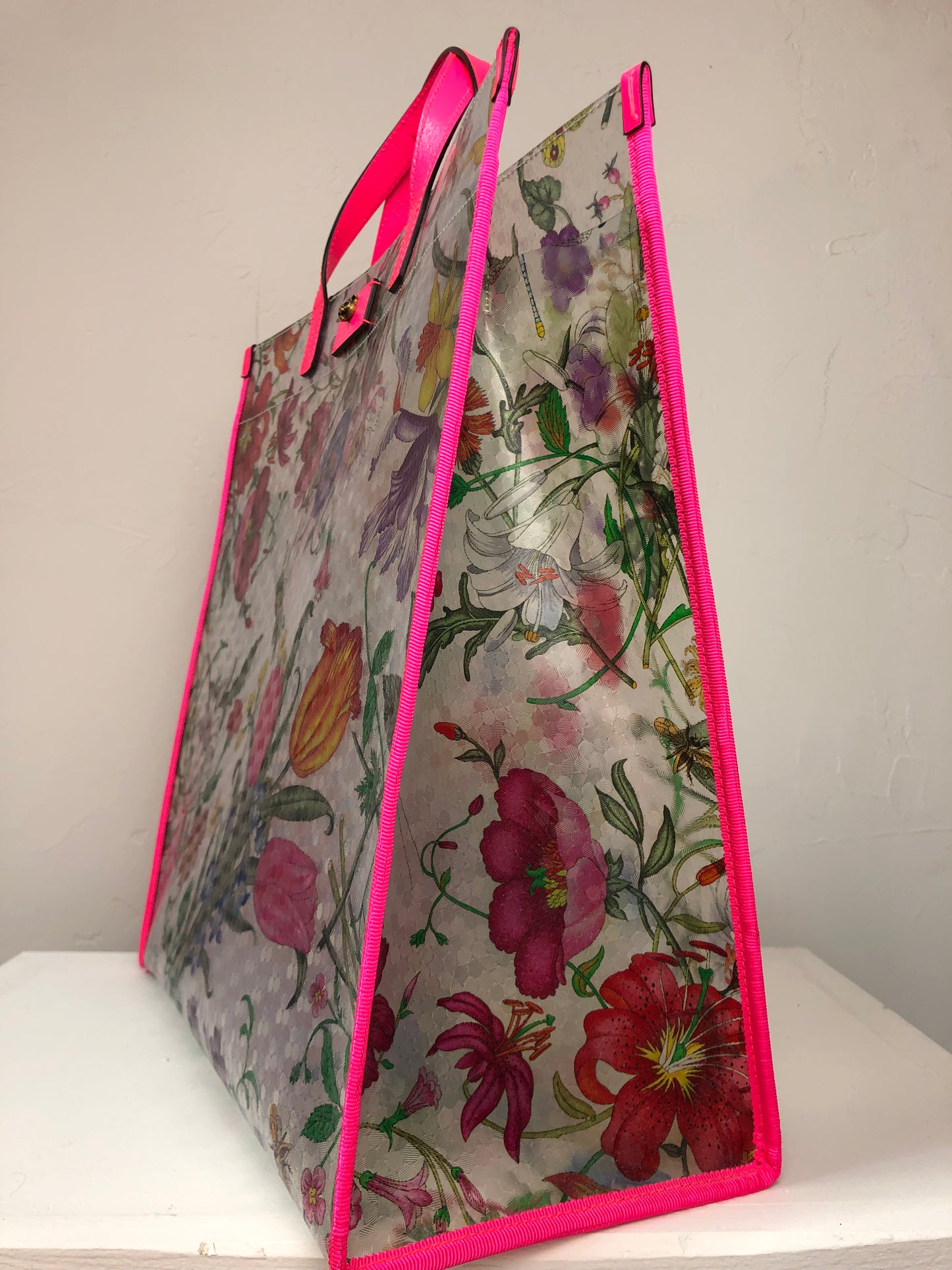Gucci "Neon Flora" Neon Pink Leather w Vinyl Multicolor Floral Tote Bag