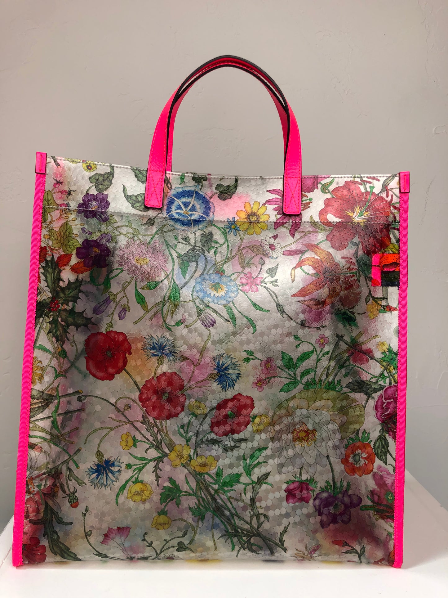 Gucci "Neon Flora" Neon Pink Leather w Vinyl Multicolor Floral Tote Bag