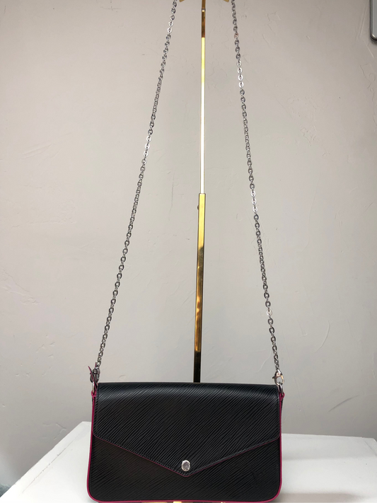 Comes w Box- Louis Vuitton Leather Black w Pink Trim Snap Closure Crossbody w Silver Chain