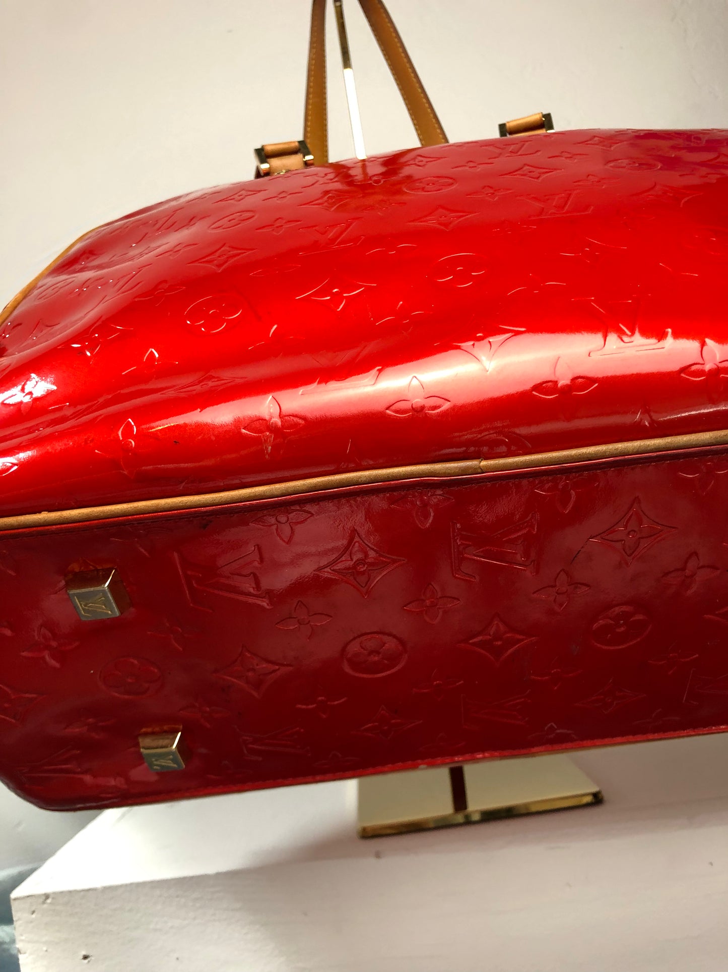 Louis Vuitton Rouge Red Leather "Vernis Sutton" Shoulder Bag Tote Bag