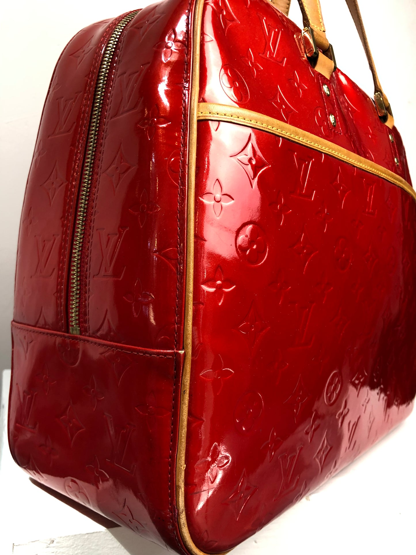 Louis Vuitton Rouge Red Leather "Vernis Sutton" Shoulder Bag Tote Bag