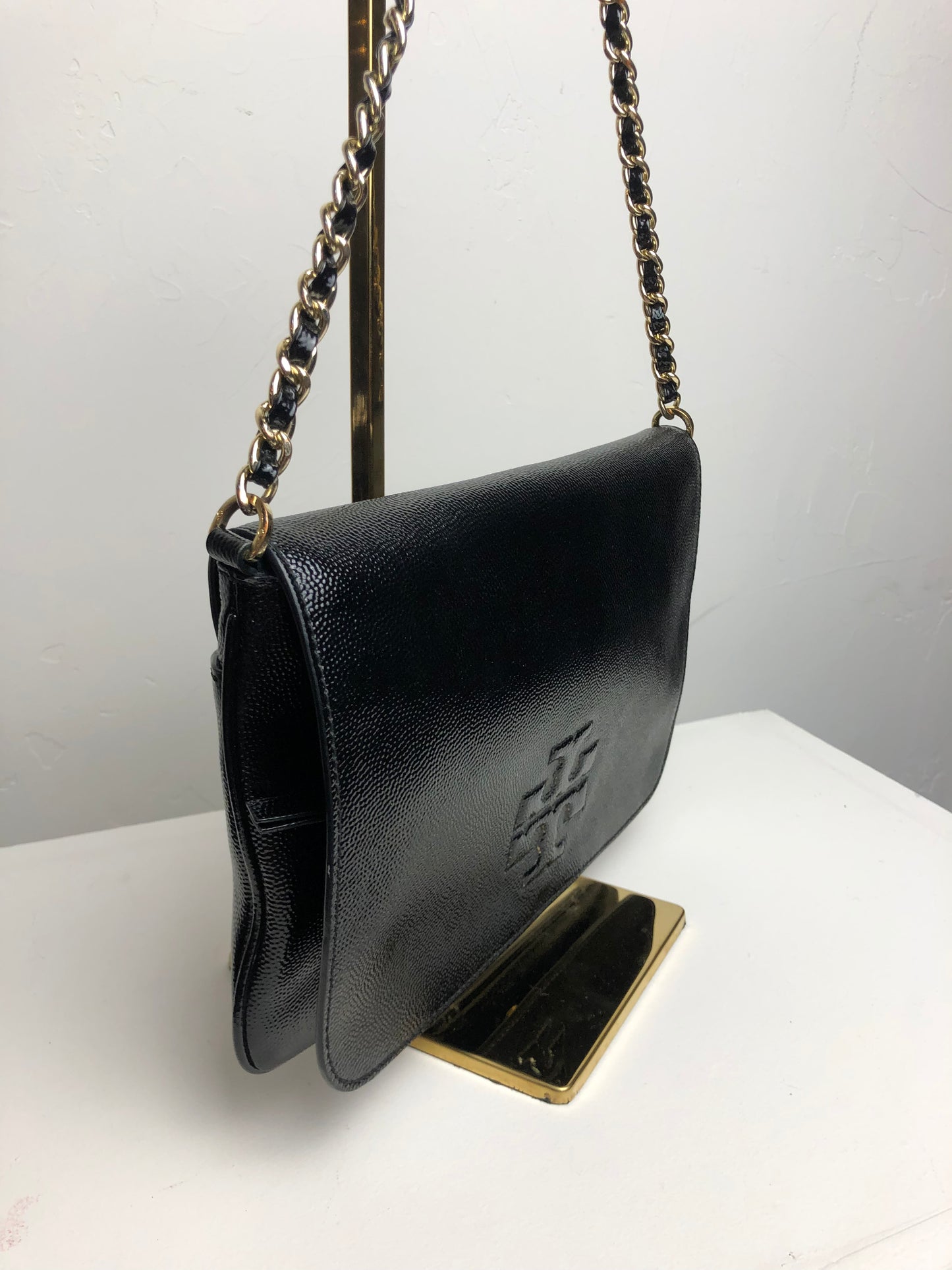 Tory Burch Black Caviar Convertible Crossbody Bag w/ Gold Chain