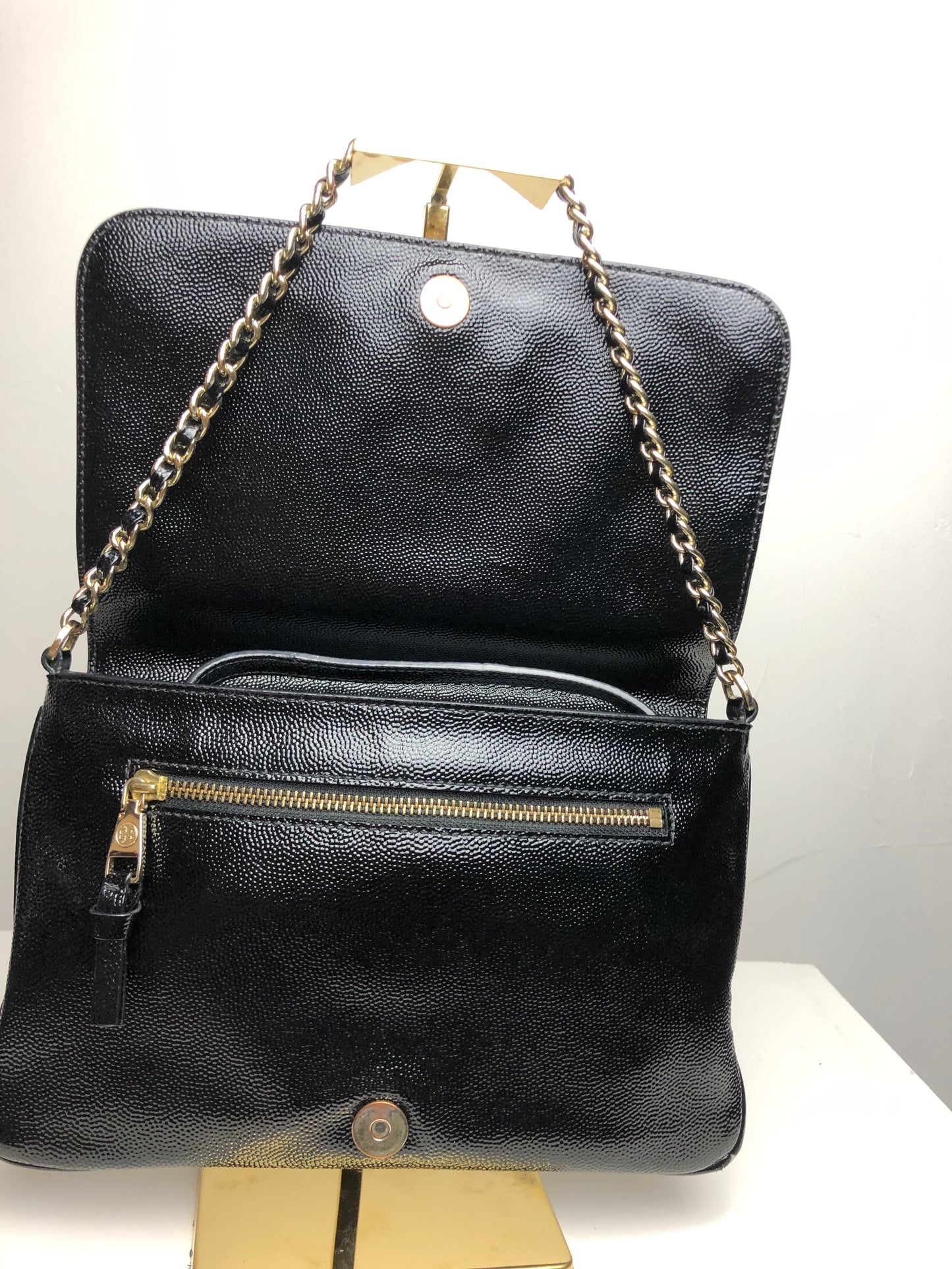 Tory Burch Black Caviar Convertible Crossbody Bag w/ Gold Chain