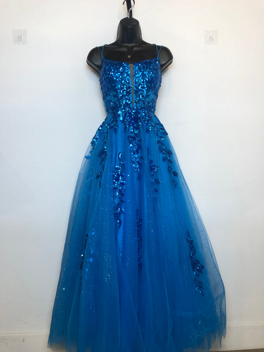 Amarra Blue Sequin Multi Stap Back Chiffon Tulle Skirt Prom Gown