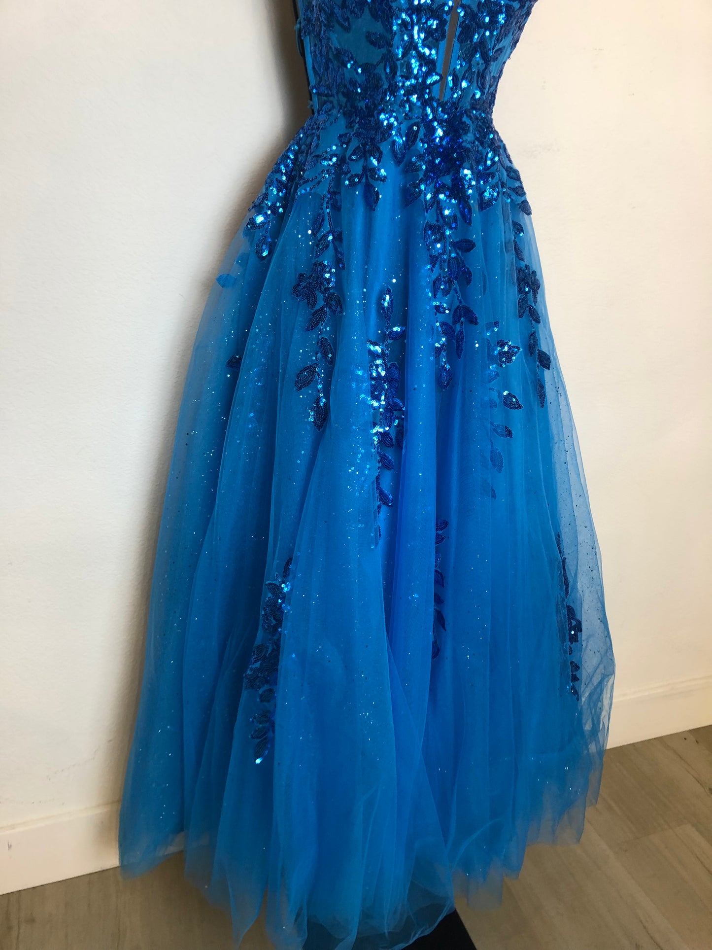 Amarra Blue Sequin Multi Stap Back Chiffon Tulle Skirt Prom Gown