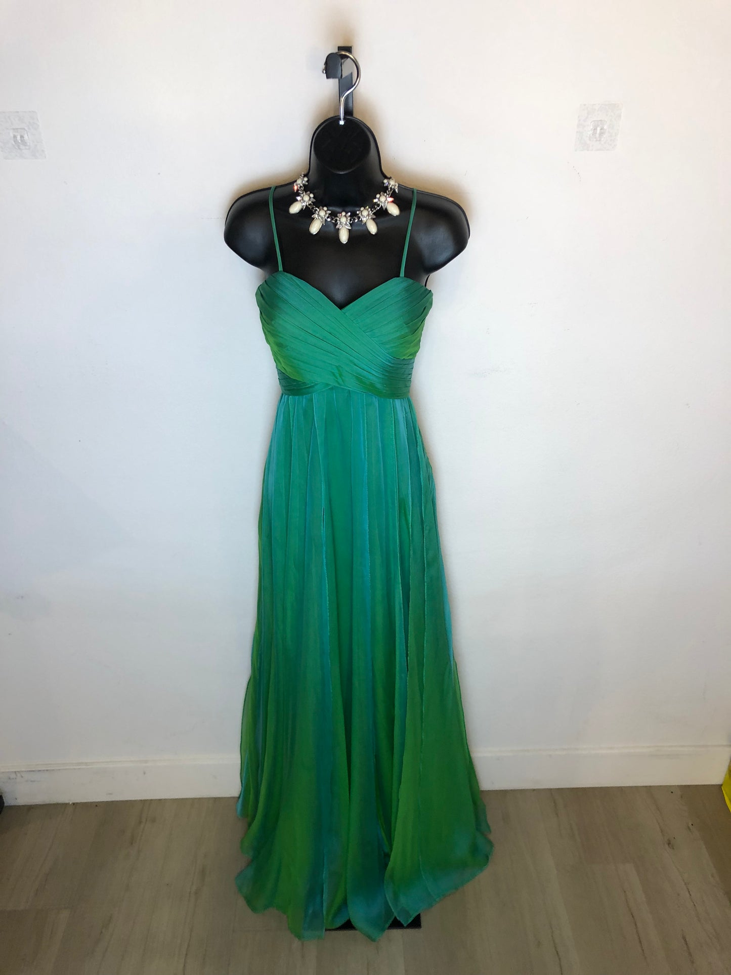 La Femme Mermaid Green Strapless Ruched Bodice Gown