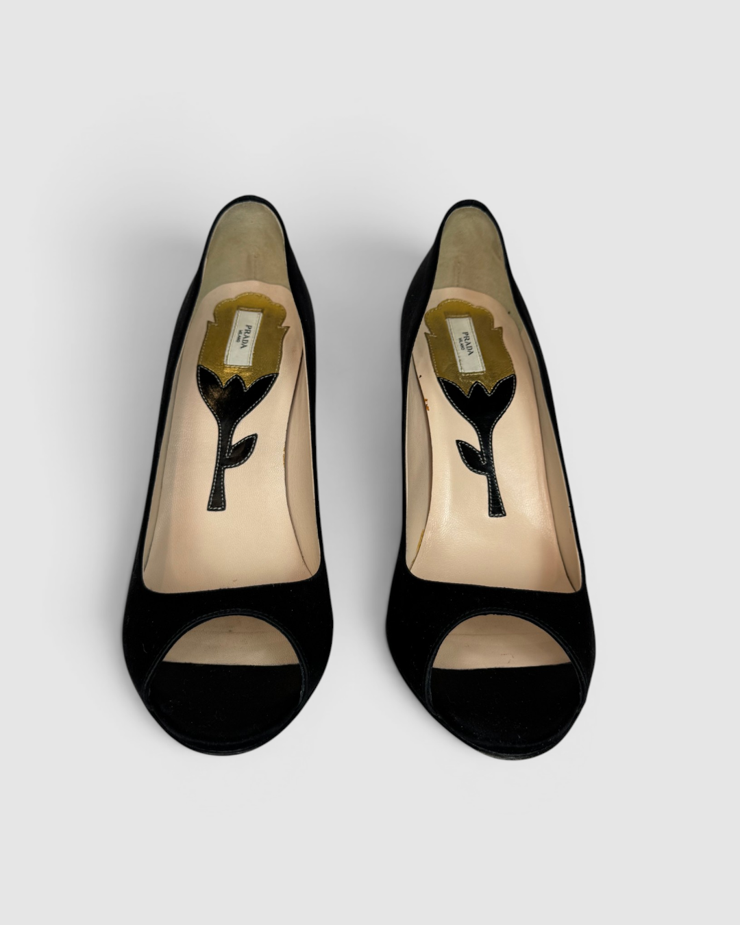 w Box- Prada Black Silk Peep Toe Heels w Structured Floral Heel