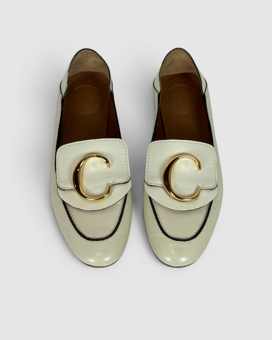 Chloe Cream Leather Black Trim Gold C Logo Round Toe Loafer
