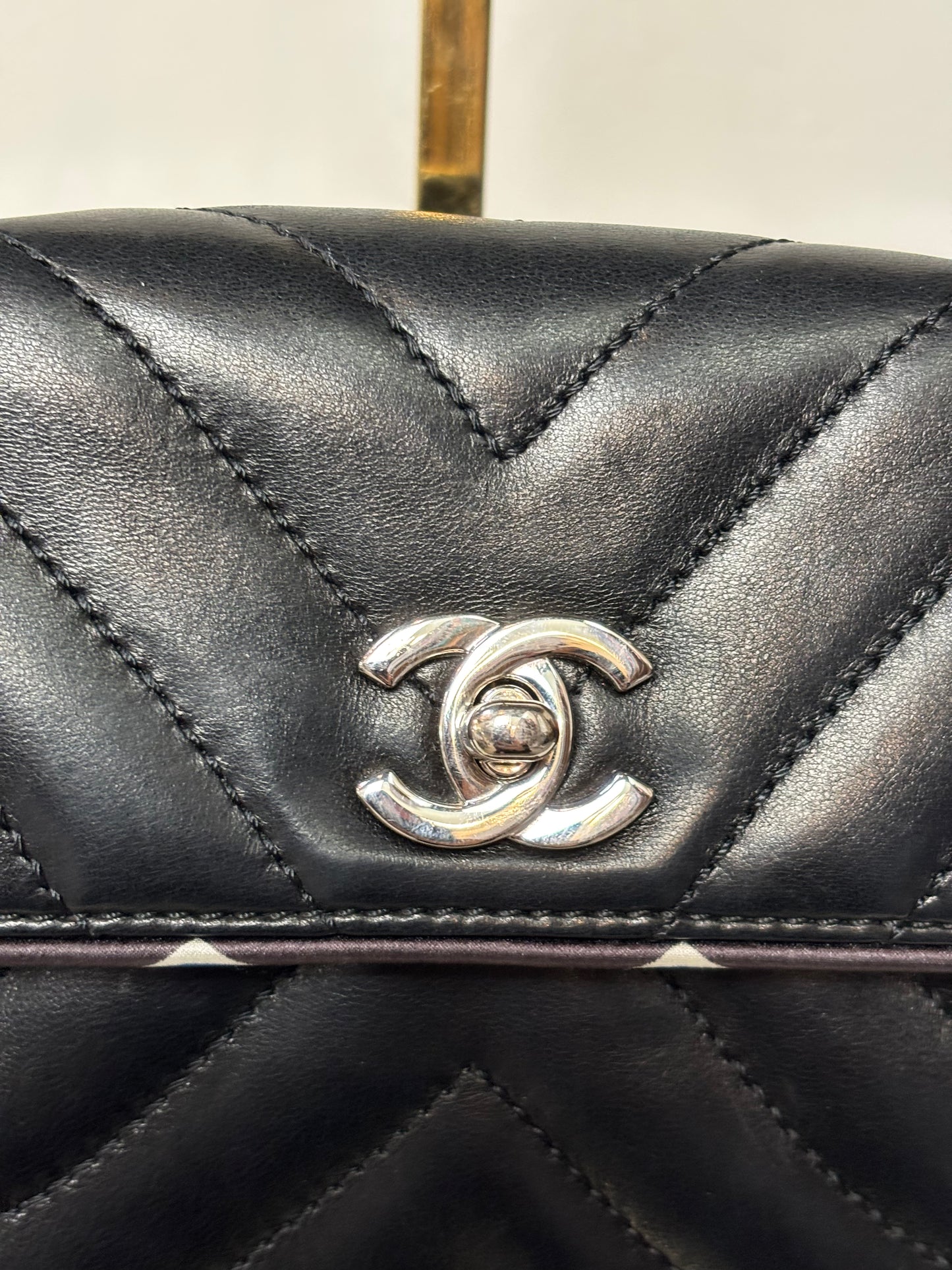 Chanel Black Silk-Trimmed Quilted Chevron Flap Bag