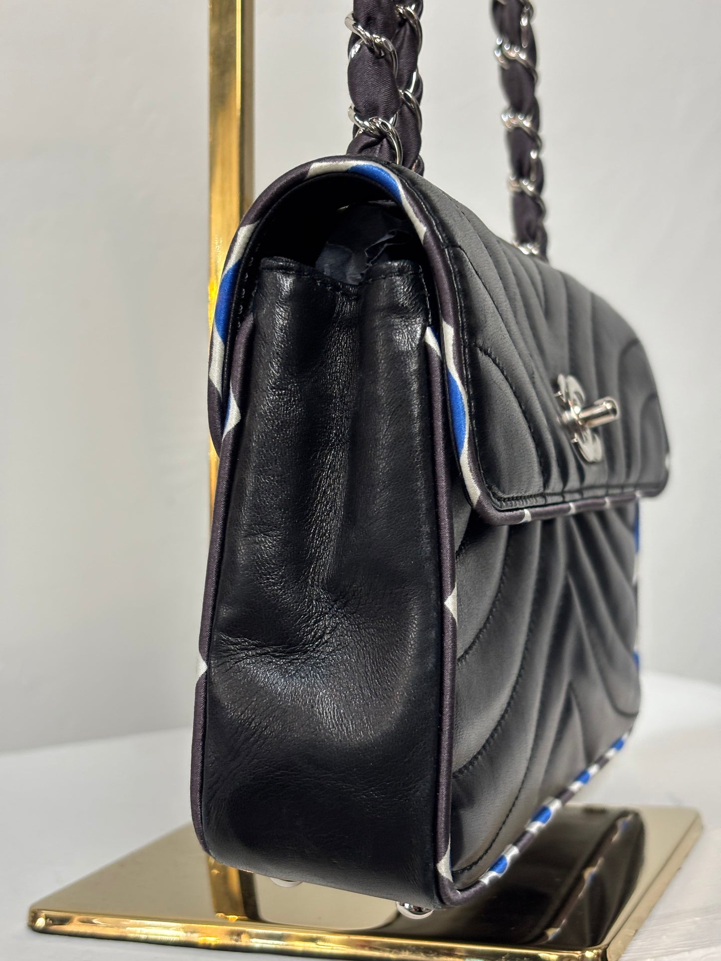 Chanel Black Silk-Trimmed Quilted Chevron Flap Bag