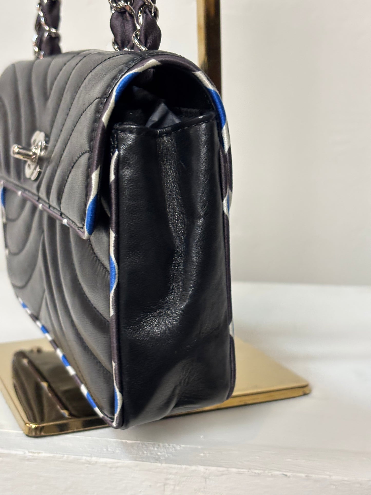 Chanel Black Silk-Trimmed Quilted Chevron Flap Bag