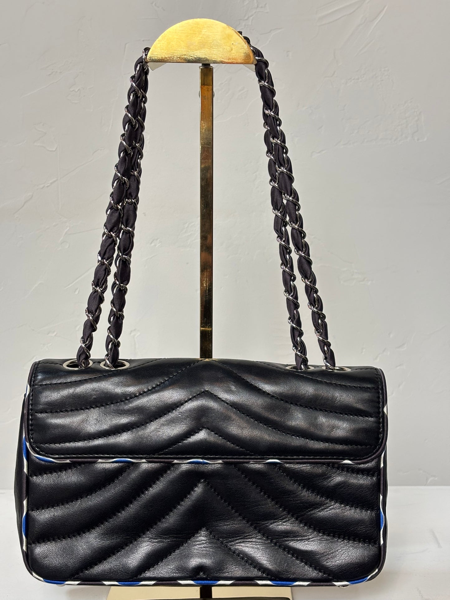 Chanel Black Silk-Trimmed Quilted Chevron Flap Bag