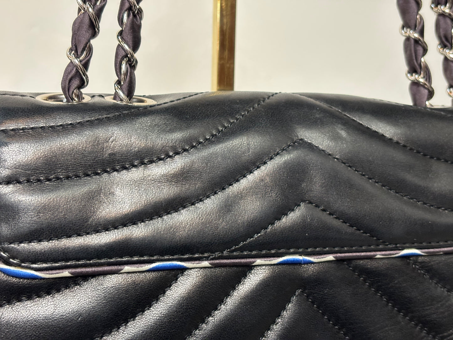 Chanel Black Silk-Trimmed Quilted Chevron Flap Bag