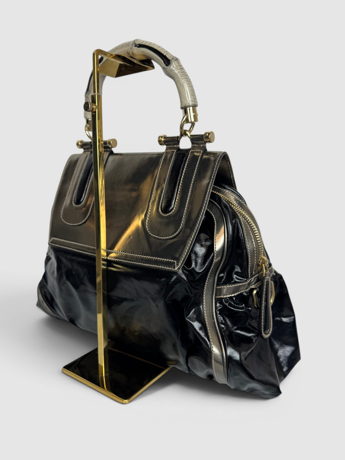 Gucci Silver & Black Dialux Pop Bamboo Handbag