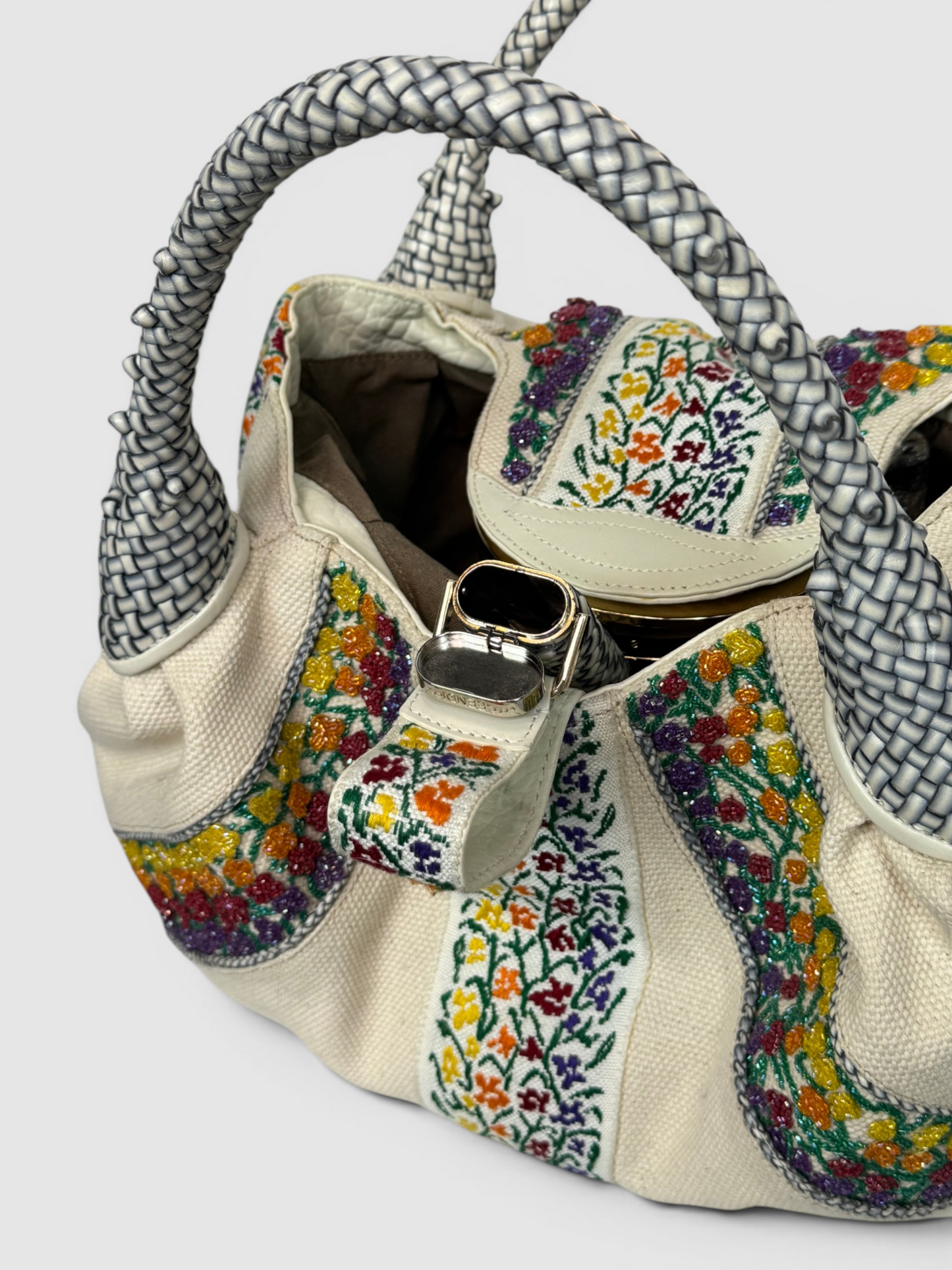Fendi Cream Canvas Floral Bead Borsa Spy Bag