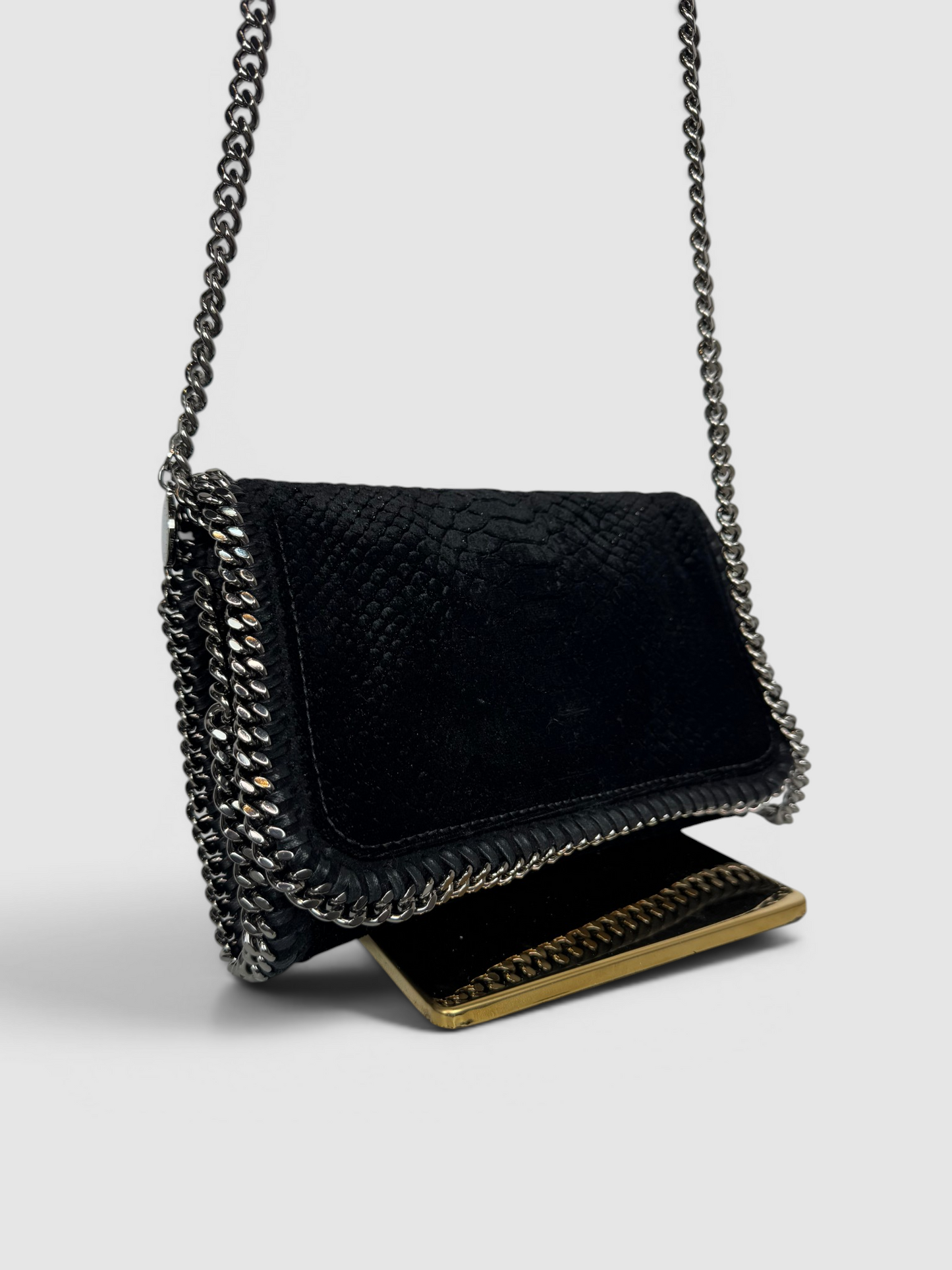 Stella McCartney Black Reptile Embossed Falabella Flap Mini Chain Crossbody