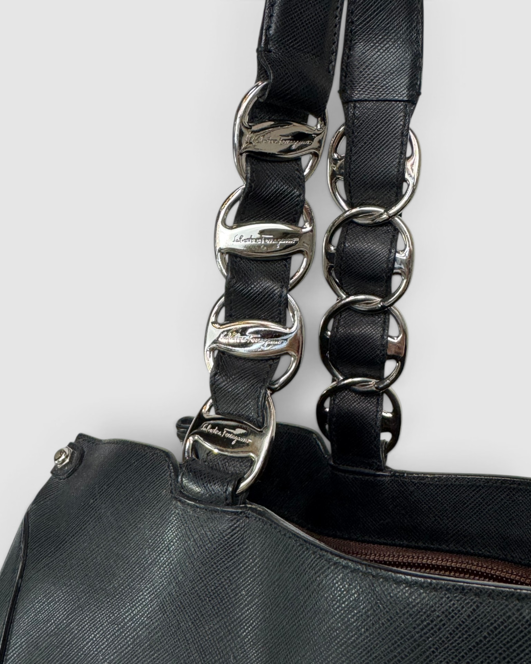 Salvatore Ferragamo Black Saffiano Leather Nicoletta Tote Bag w Silver Accents