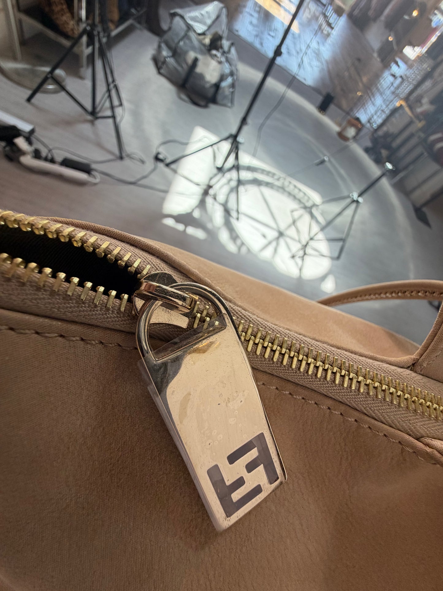 Fendi Suede Light Brown "Nubuck Chains" Tote bag we Gold Hardware