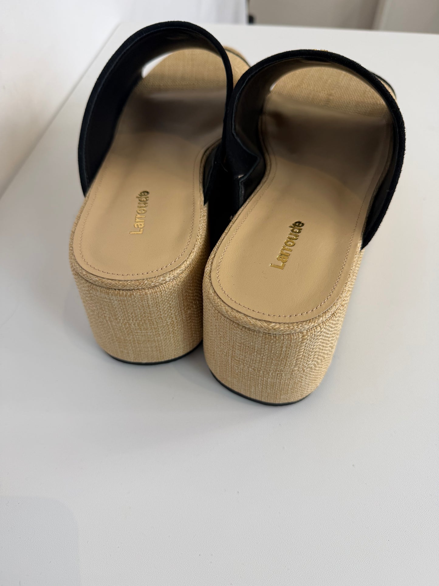 Larroude Dolly Raffia Beige Black Trim Platform Slides