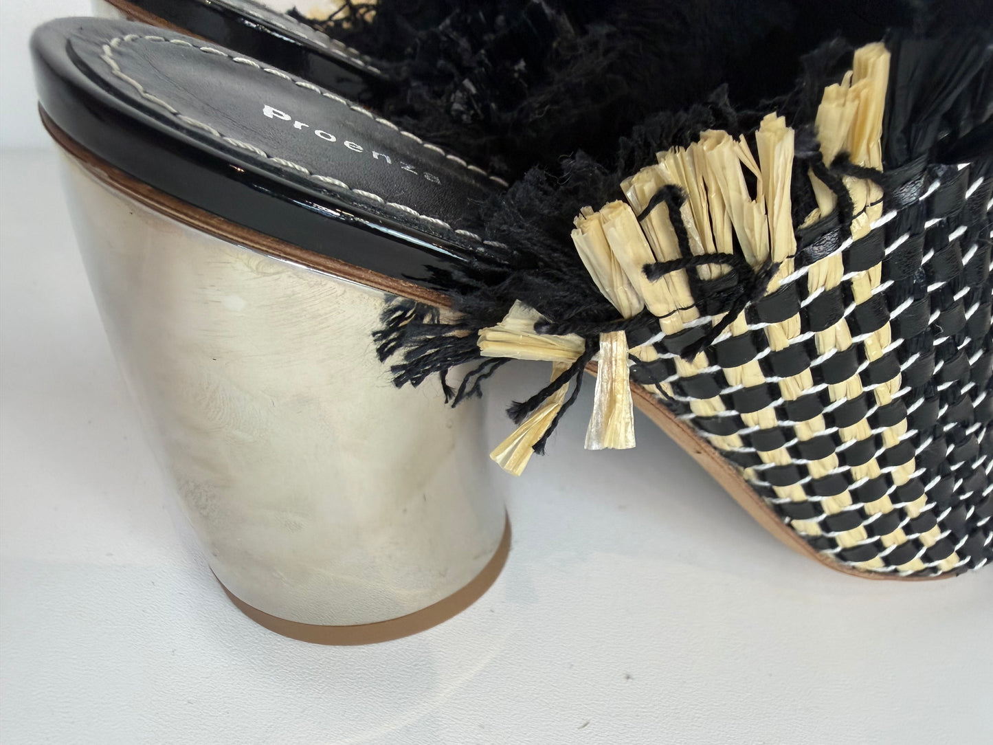 Proenza Schouler Black & Beige Woven Fringe Open Toe Mirror Black Heels