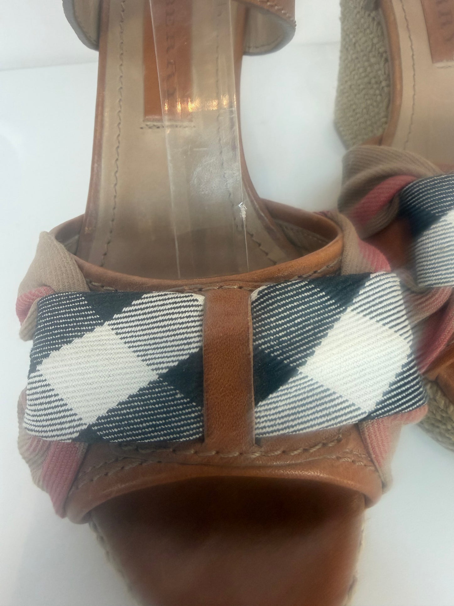 Burberry Tan Leather Check Print Bow Espadrille Wedge Sandals w Ankle Straps