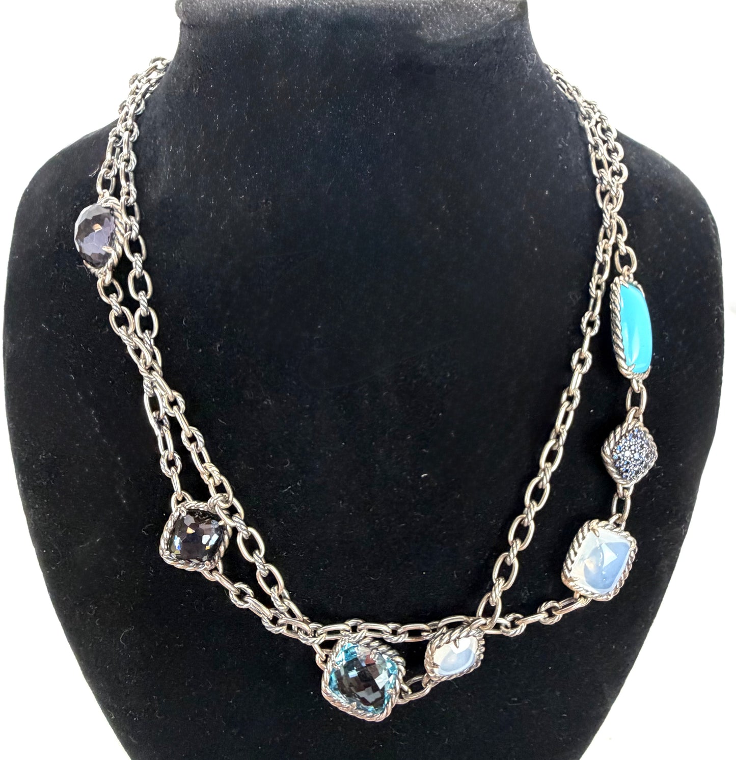 David Yurman Blue Sapphire. Topaz, Black Orchid, Quartz Sterling Chain Necklace