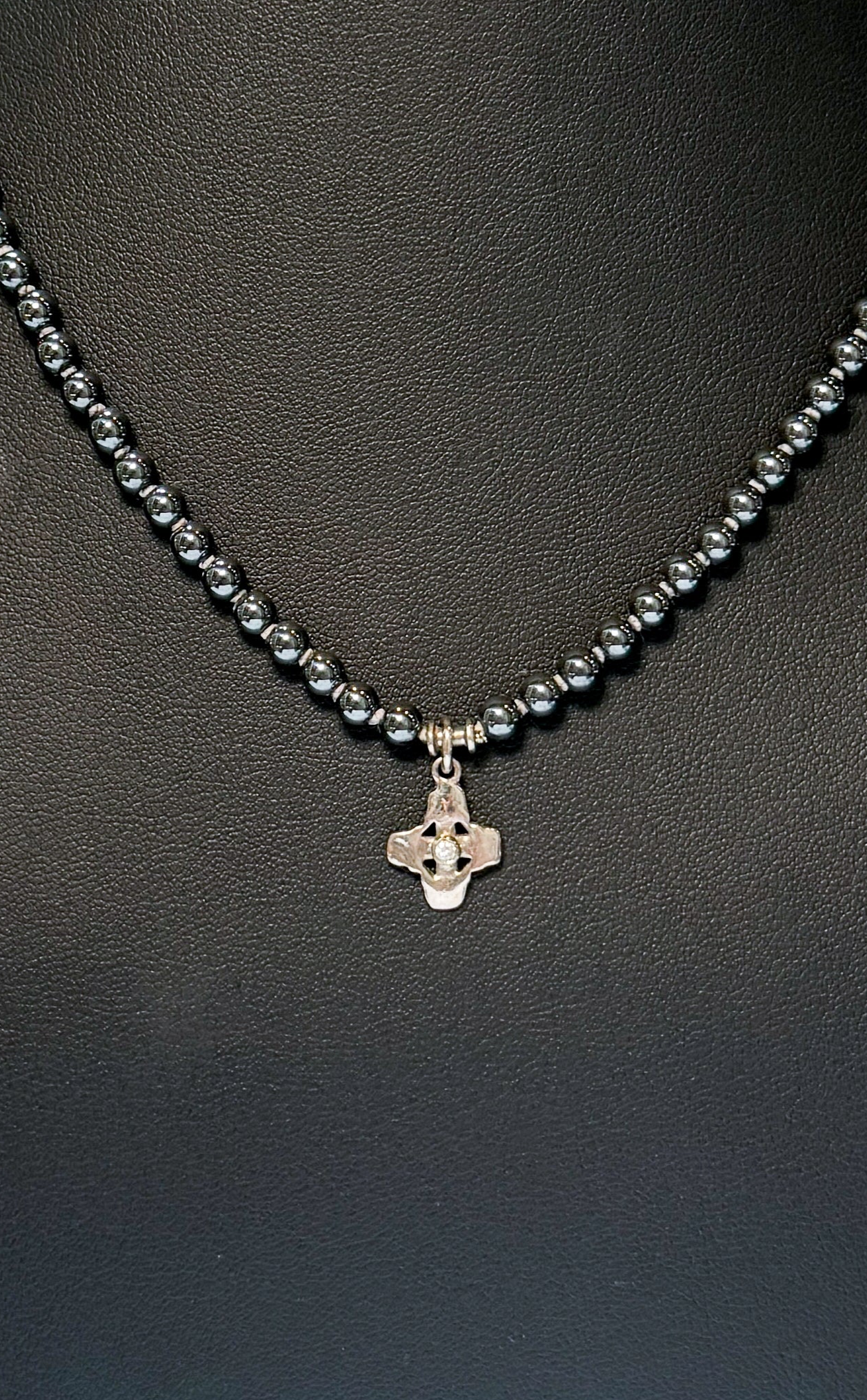 Lee Brevard 18K & Beaded Hematite Tiny Signature Cross with Stone Charm Pendant Necklace on