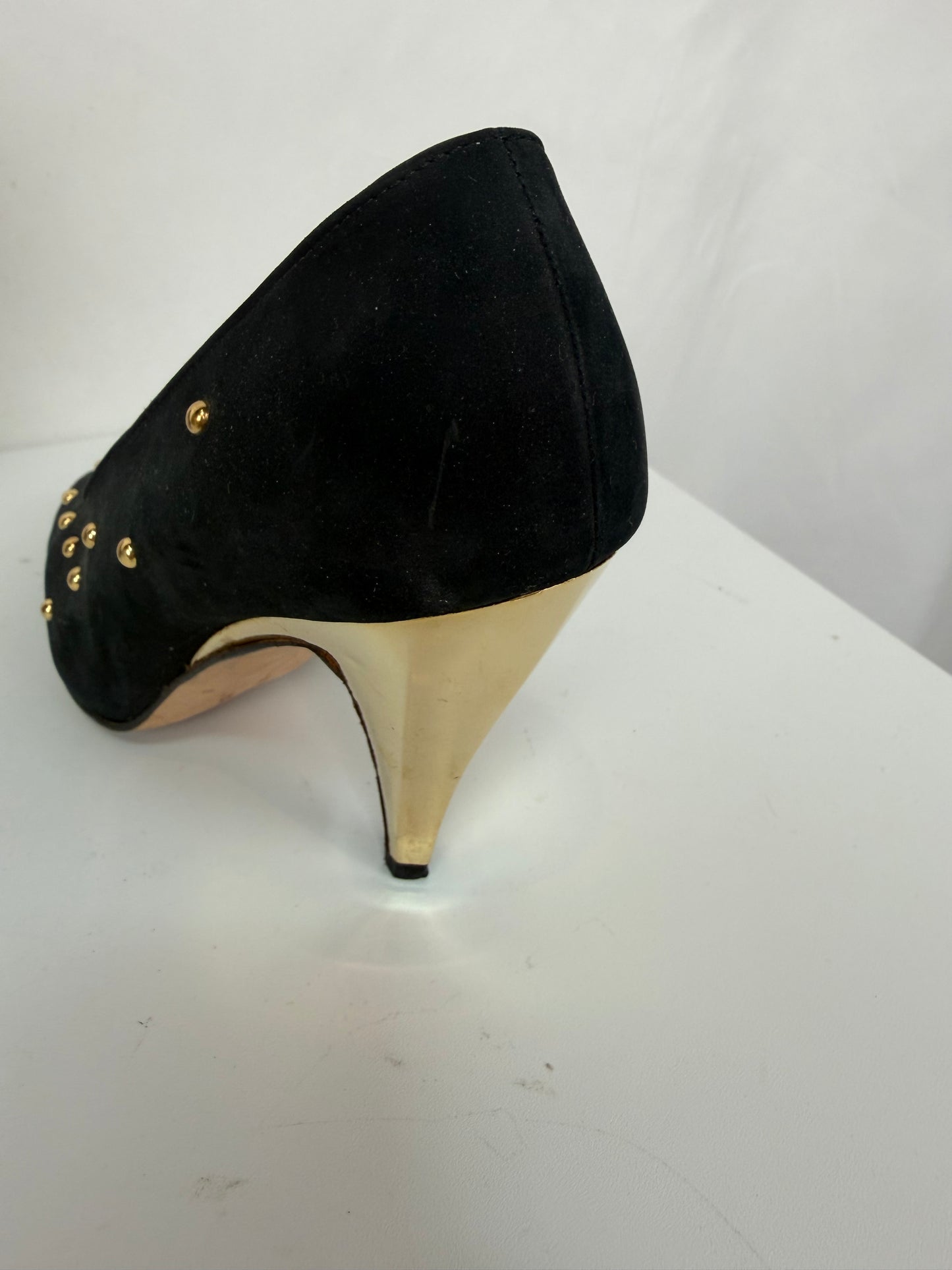 Escada Black Suede Gold Stud Detail Pointed Toe Heels
