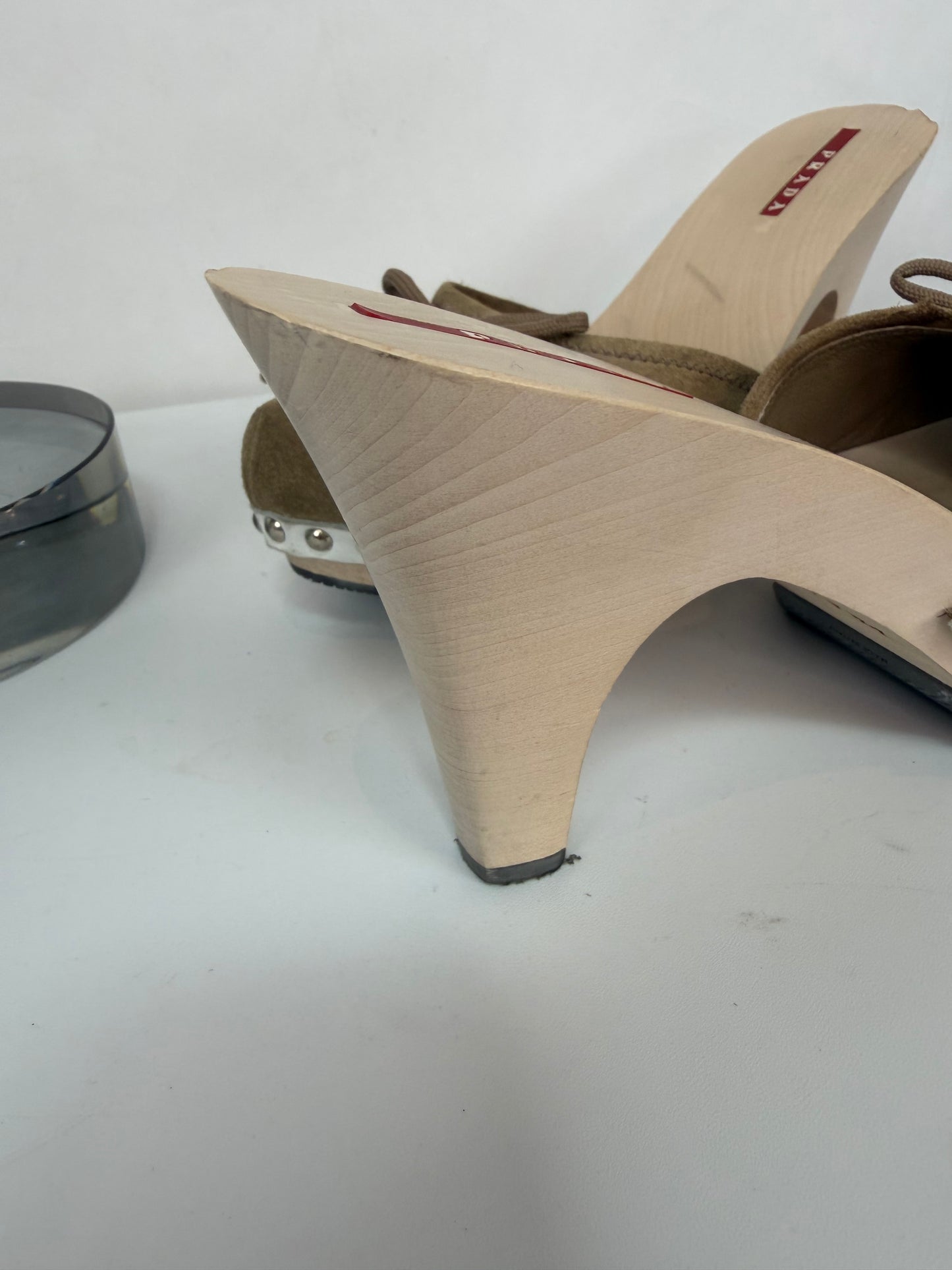 Prada Beige Suede Bow Deatil Wooden Wedge Heel Mules w Silver Studs