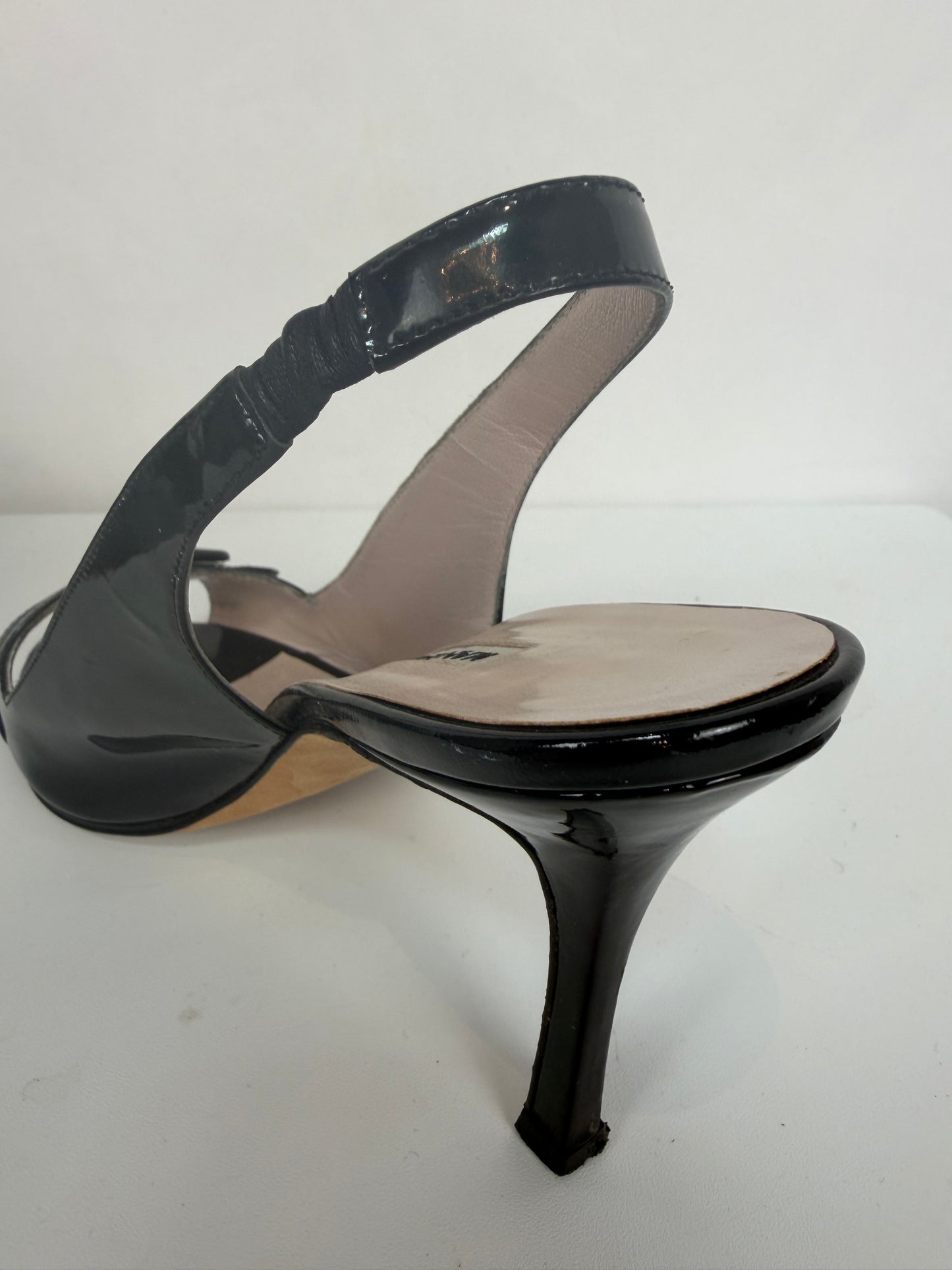 Manolo Blahnik Black Patent Leather Open Toe Buckle Strap Slingback Heels