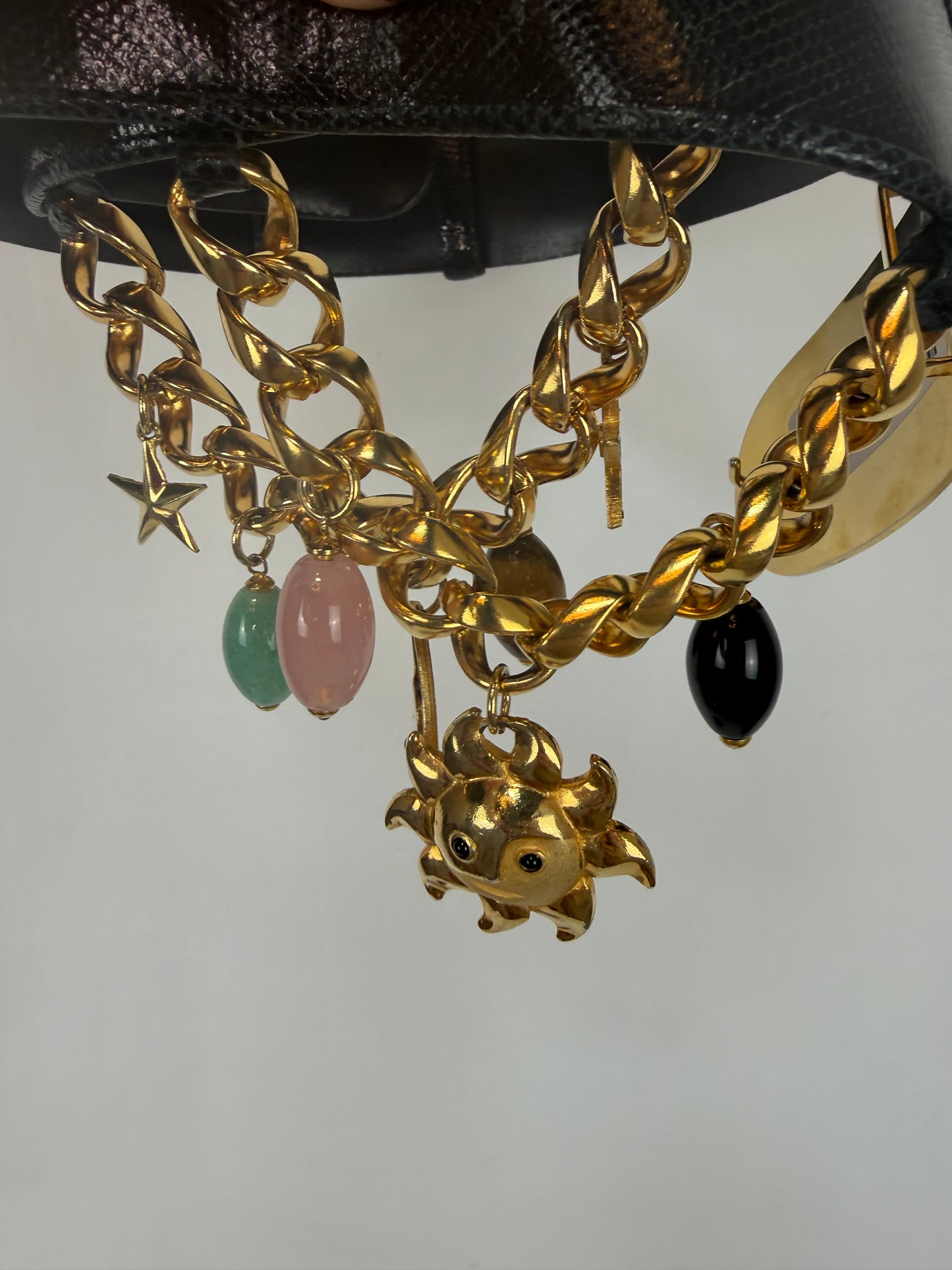 Judith Leiber Black Leather Gold Tone Chain Charm Belt