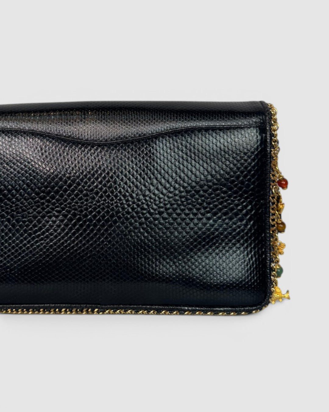 Judith Leiber Black Reptile Embossed Leather Gold Trim Charm & Gem Detail Flap Crossbody Bag