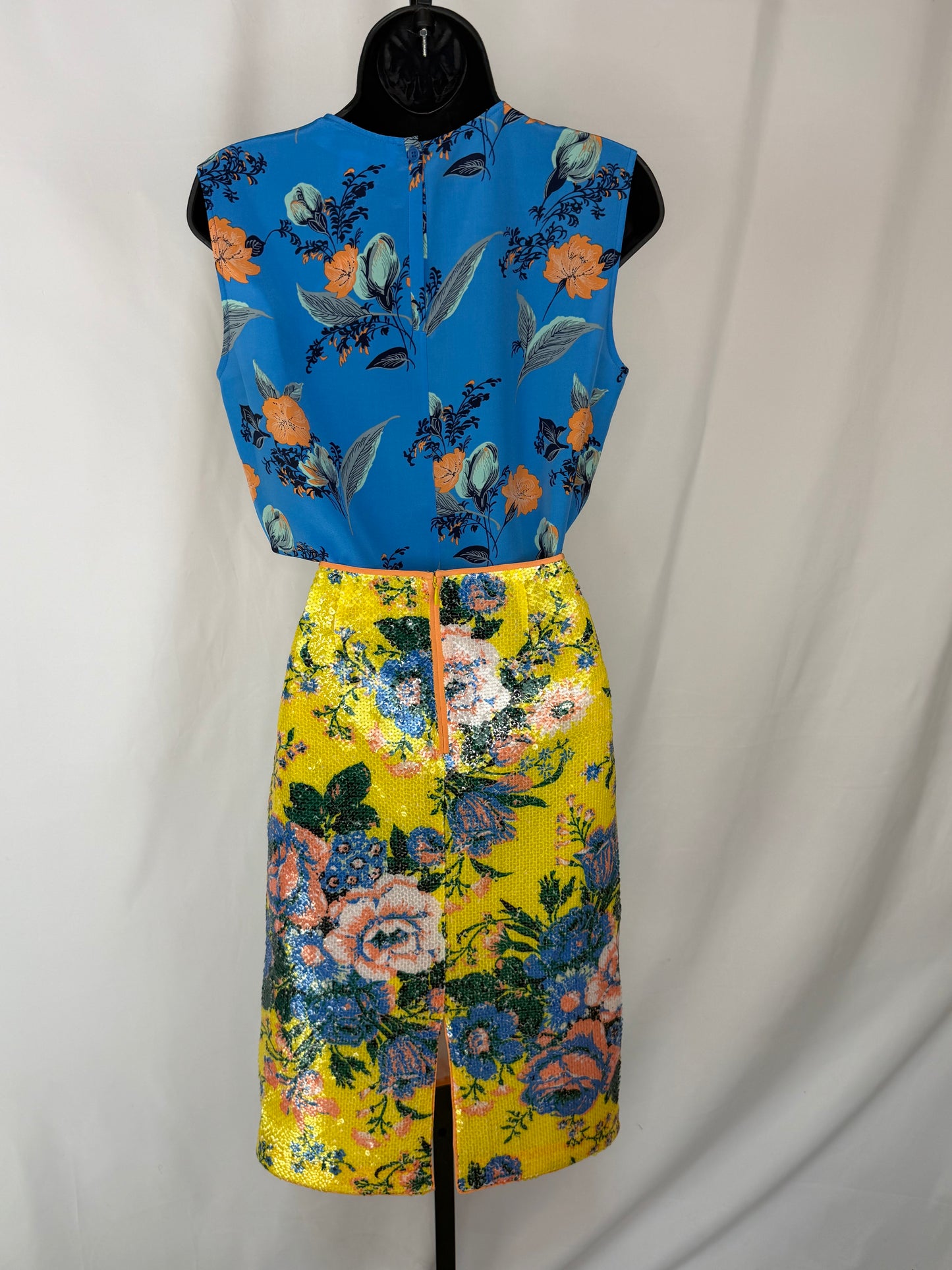 Diane Von Furstenberg Yellow Blue & Peach Floral Sequin Knee Length Skirt