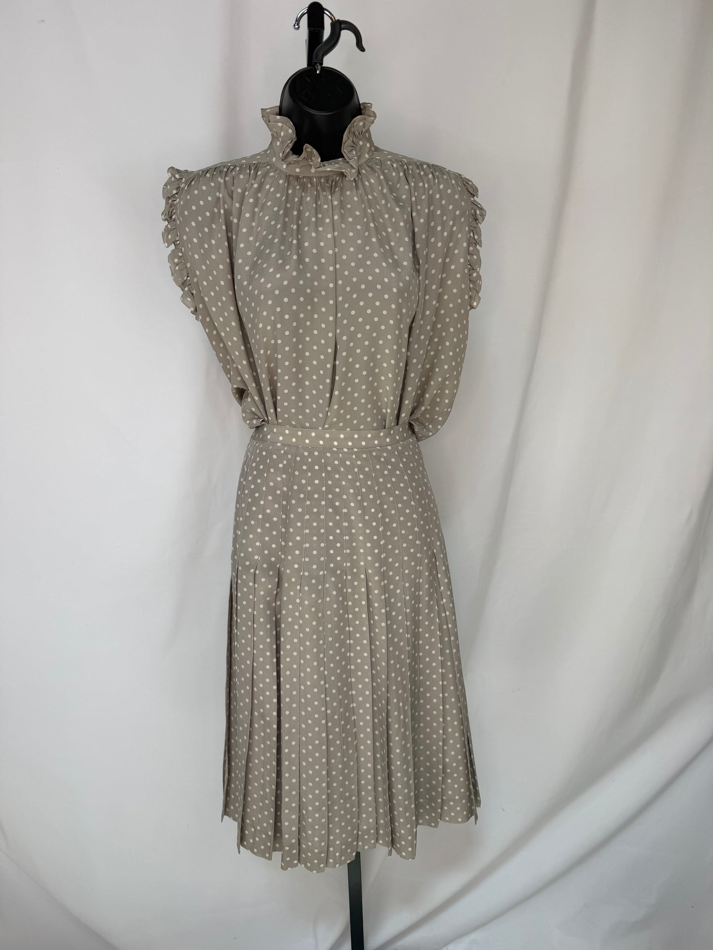 Chanel Silk Grey & White Polka Dot Midi Skirt w/ Scarf (Part of Set)