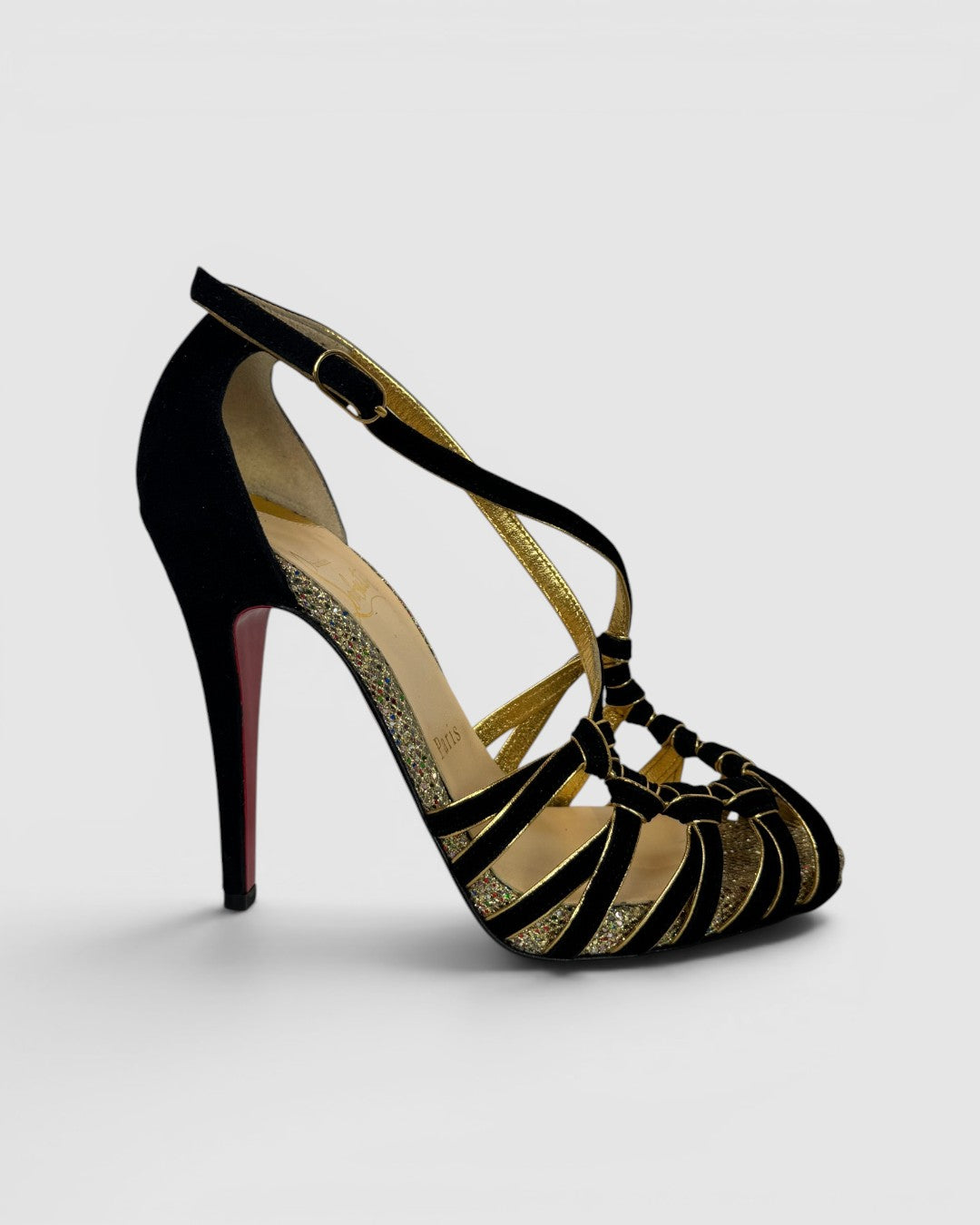 COMES WITH BOX - Christian Louboutin Black Suede w/ Gold Lining Heeled Sandals w/ Sparkle Soles