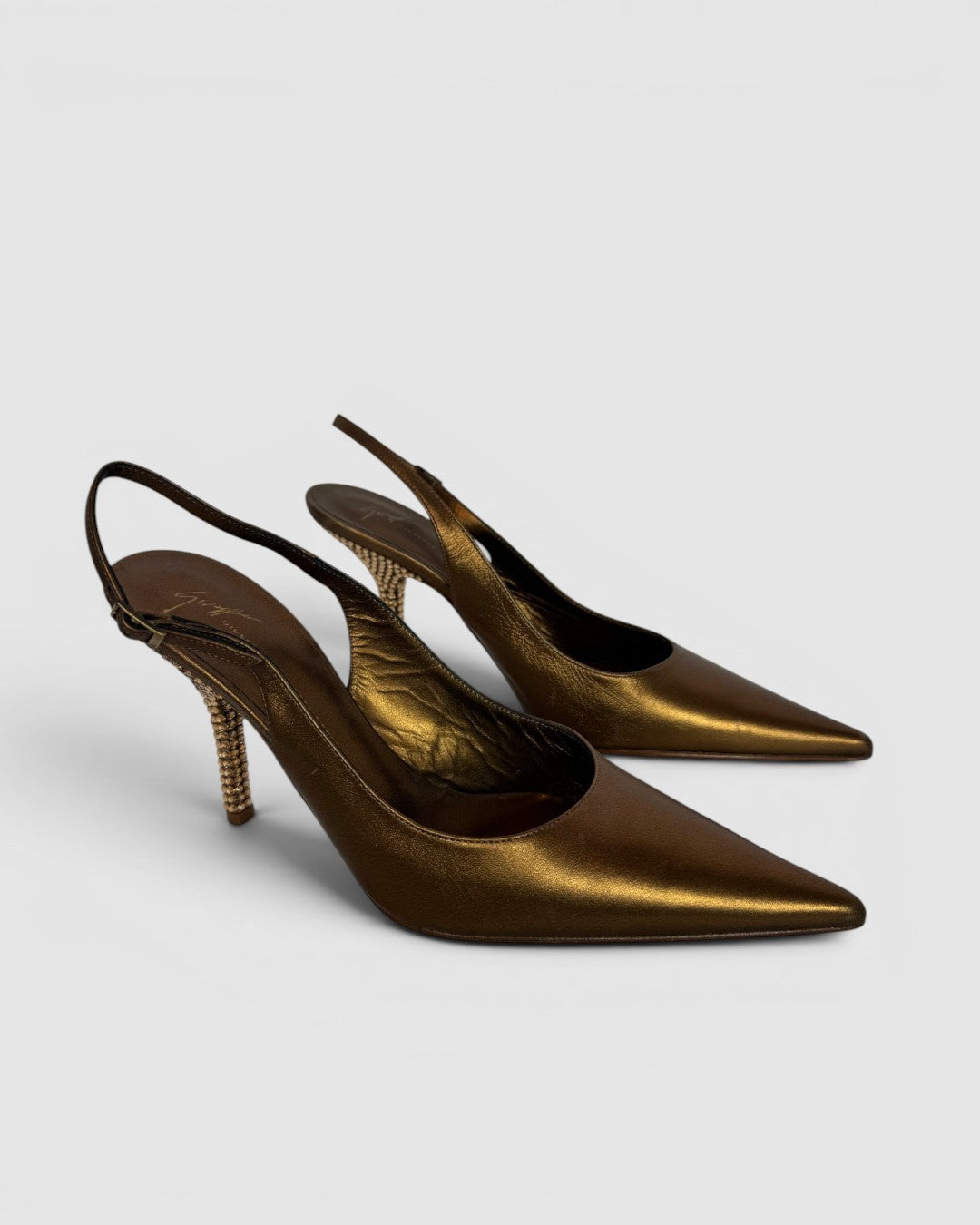 Giuseppe Zanotti Bronze Metallic Pointed Toe Crystal Embellished Sling Back Heels