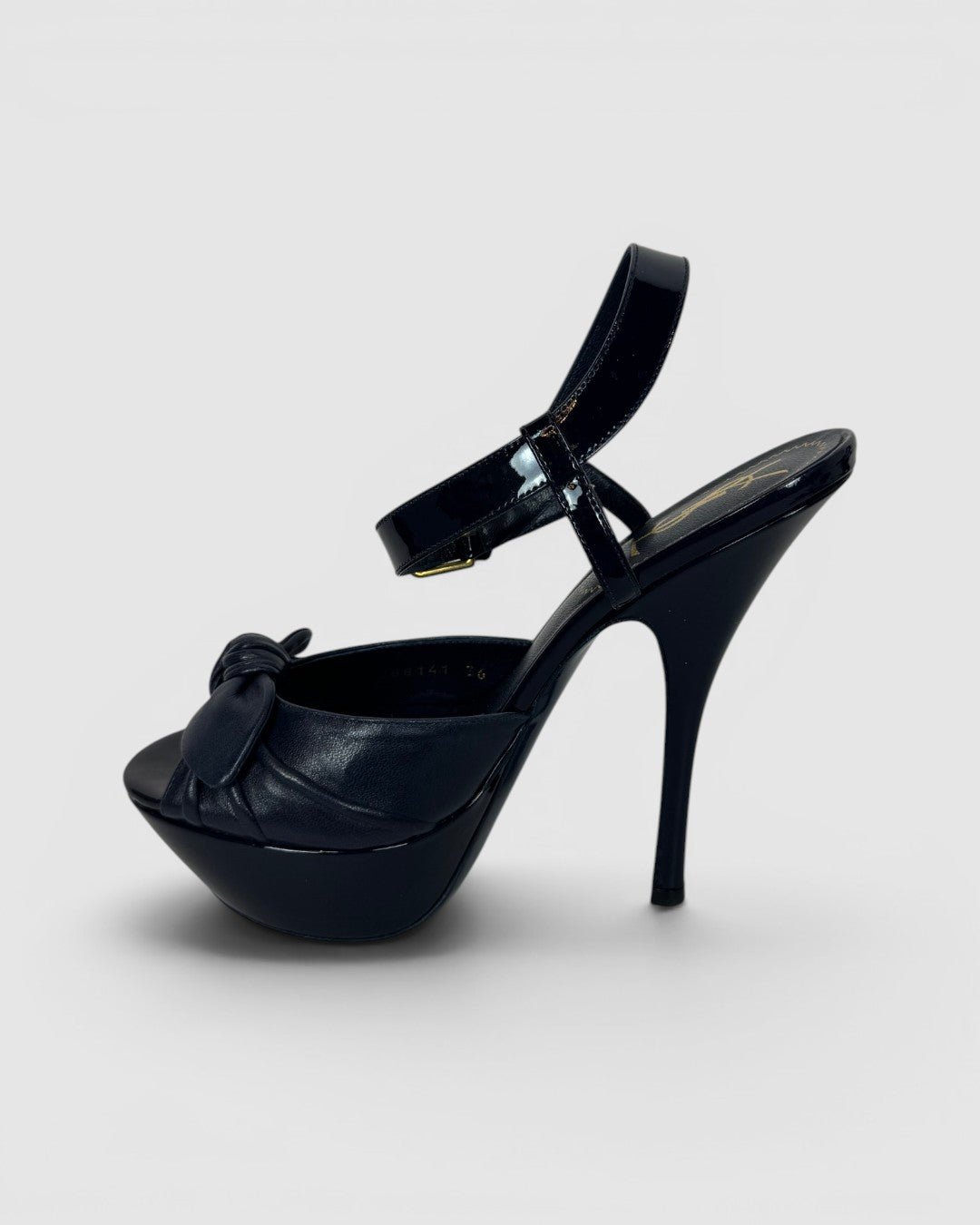 COMES WITH BOX - Saint Laurent Navy Patent Leather Peep Toe Pumps w/ Leather Bow