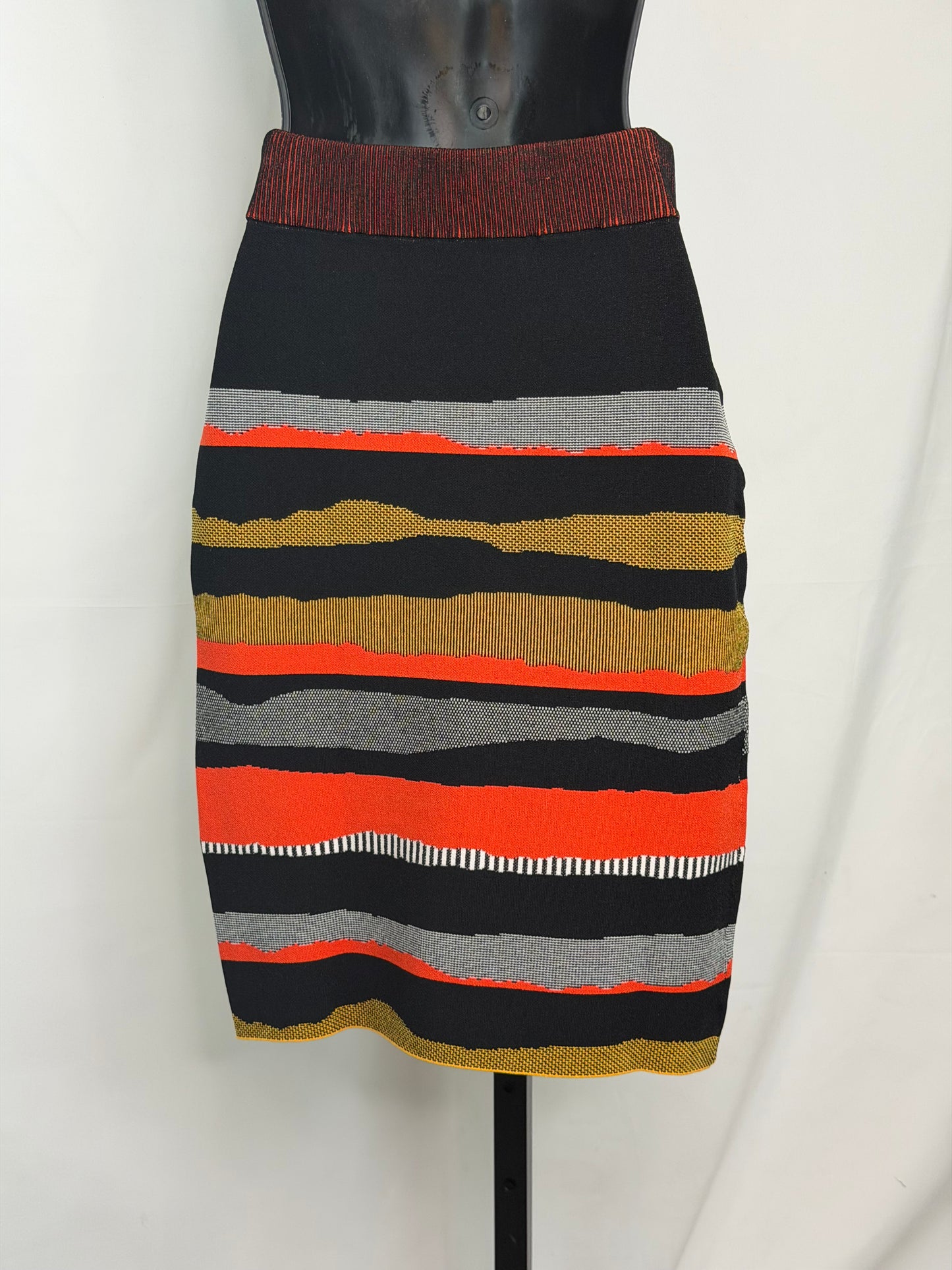 Diane Von Furstenberg Knit Black Orange Yellow Stripe Knee-Length Skirt NWT
