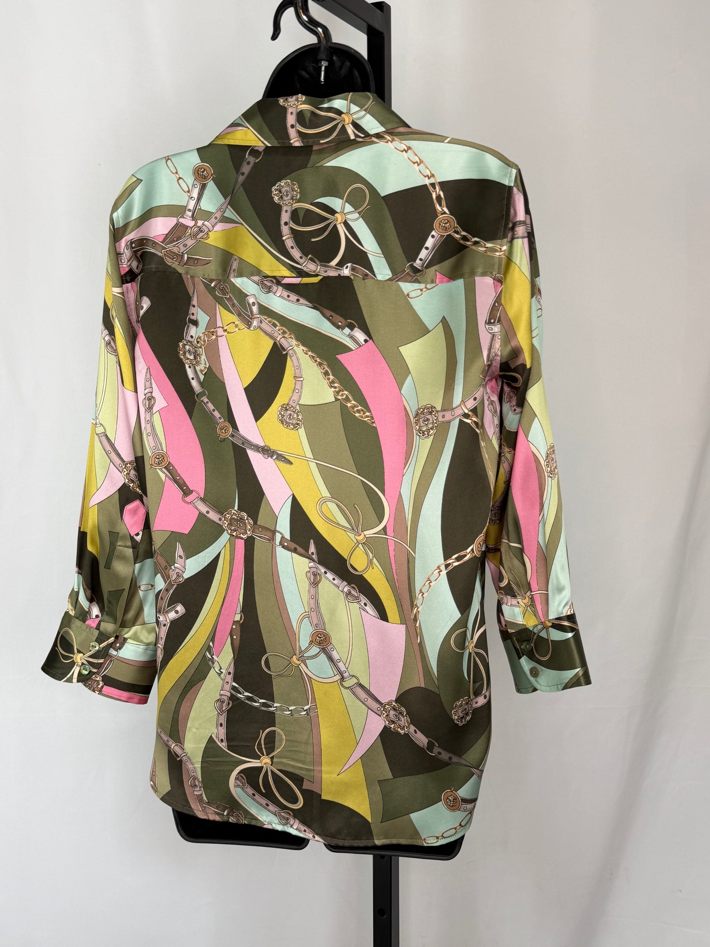 L'agence Silk Green Pink Chain Print Long Sleeve Blouse