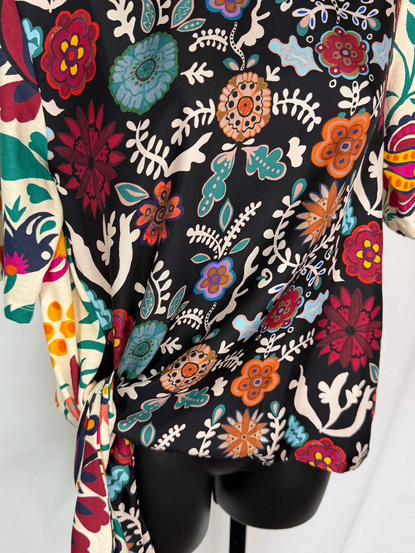 La Double J Color Block Multi Floral Side Tie Short Sleeve T-Shirt