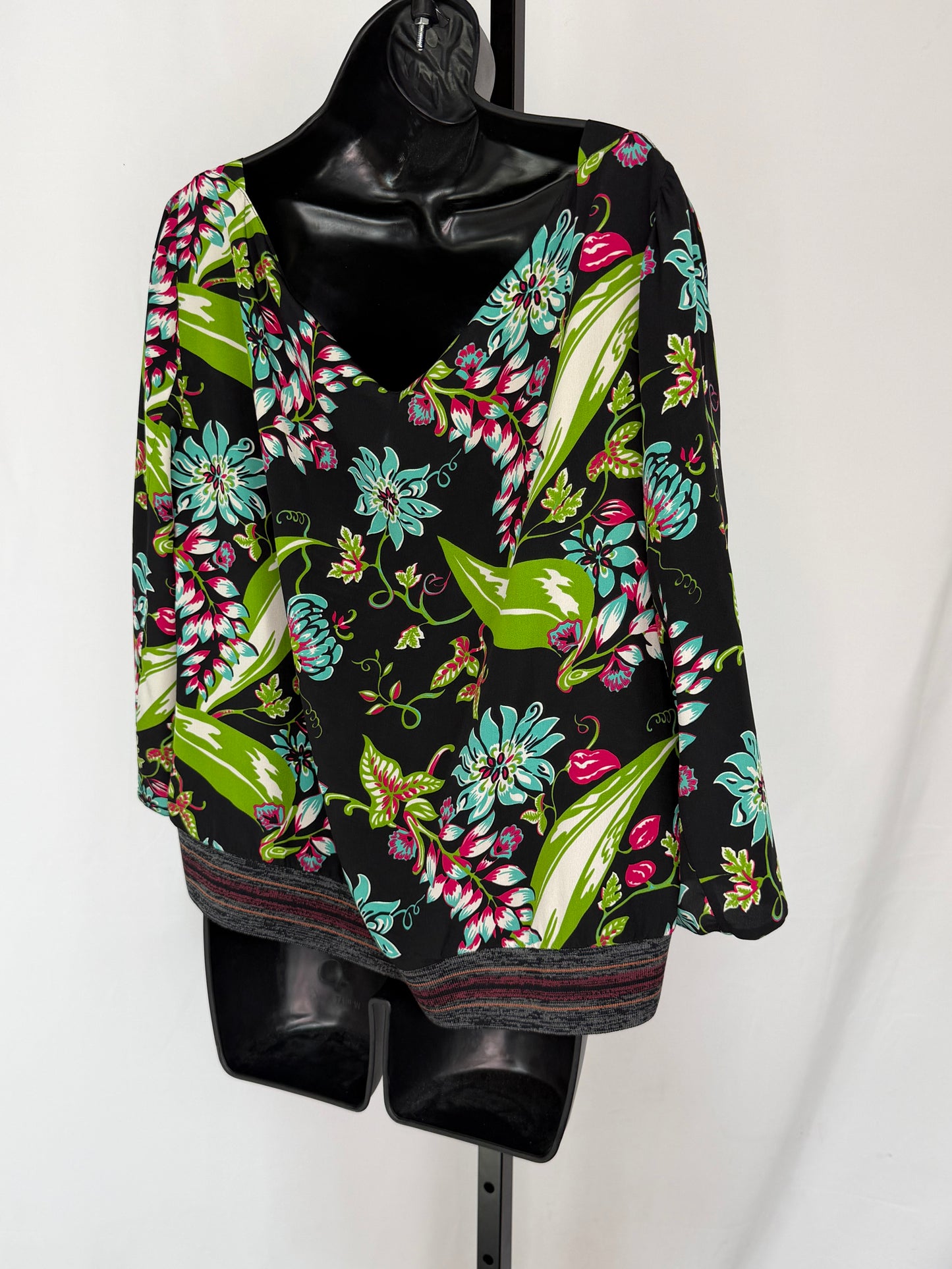 Prada 2010's Silk Black w Pink Blue Green Floral 3/4 Sleeve Blouse