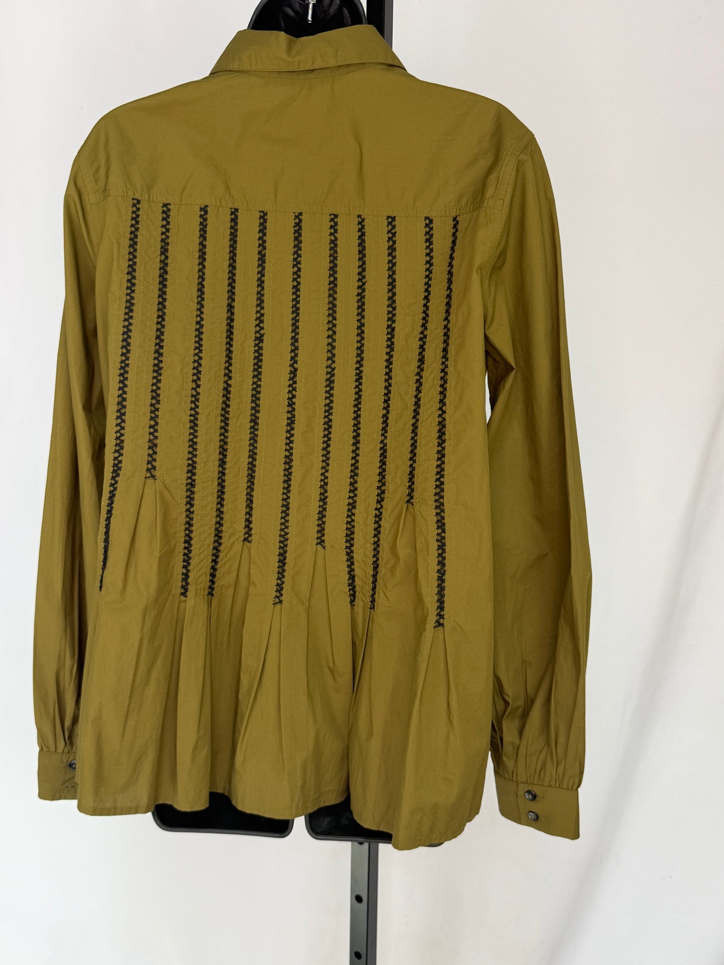 Merlette Cotton Army Green Long Sleeve Button Down Blouse w/ Black Stitched Stripes