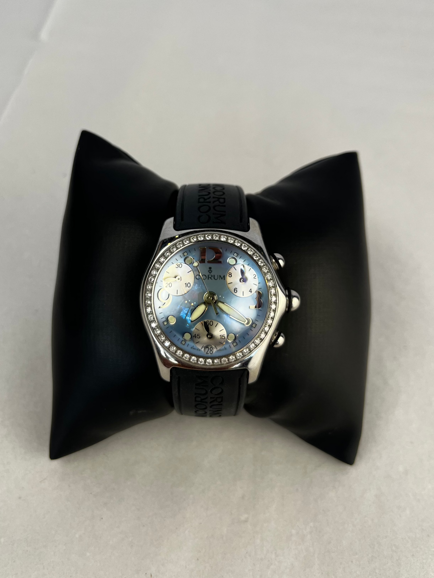 Corum Silver Toned Stainless Steel Blue Face Black Band Diamond Bezel Bubble Watch