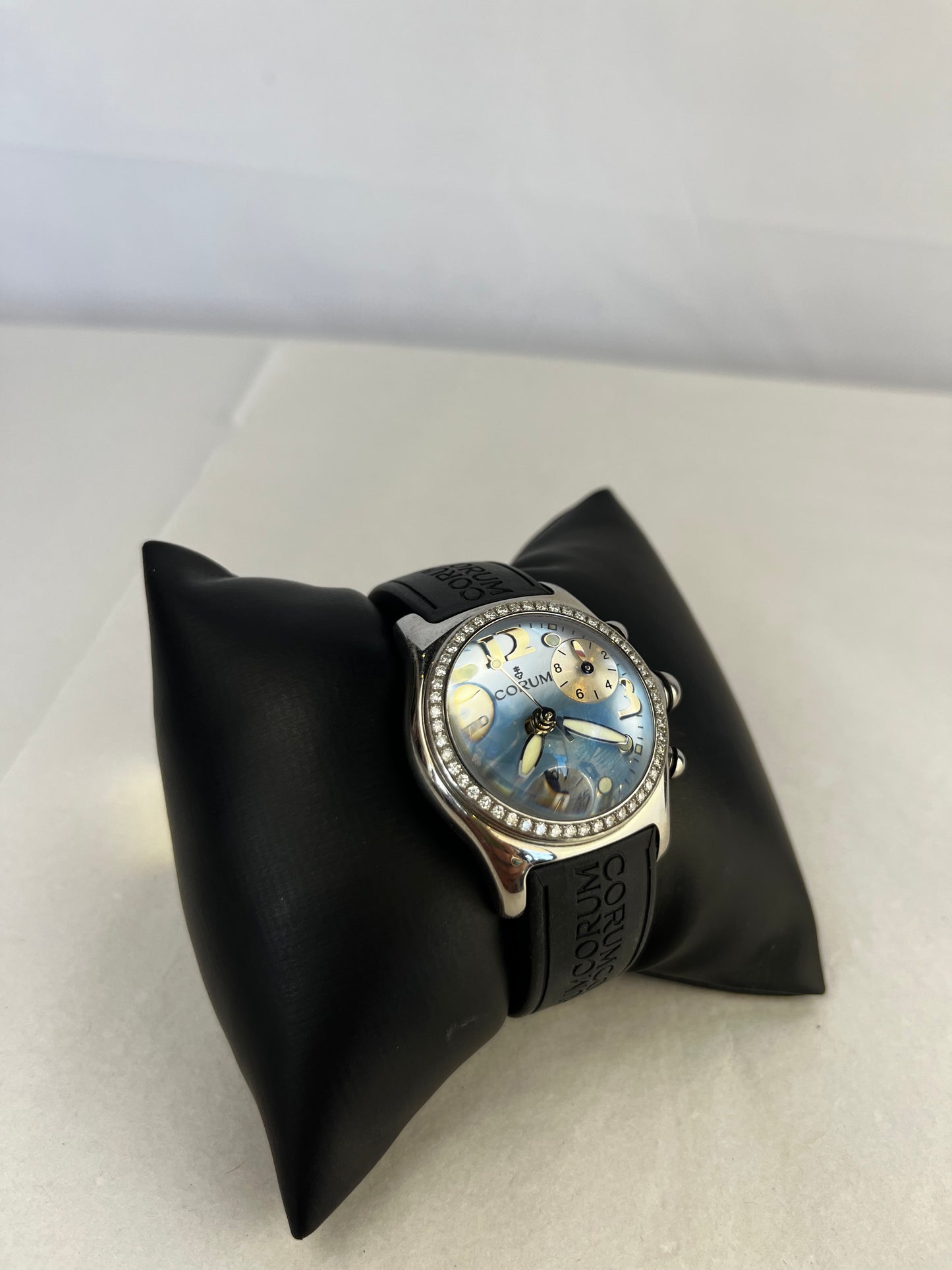 Corum Silver Toned Stainless Steel Blue Face Black Band Diamond Bezel Bubble Watch