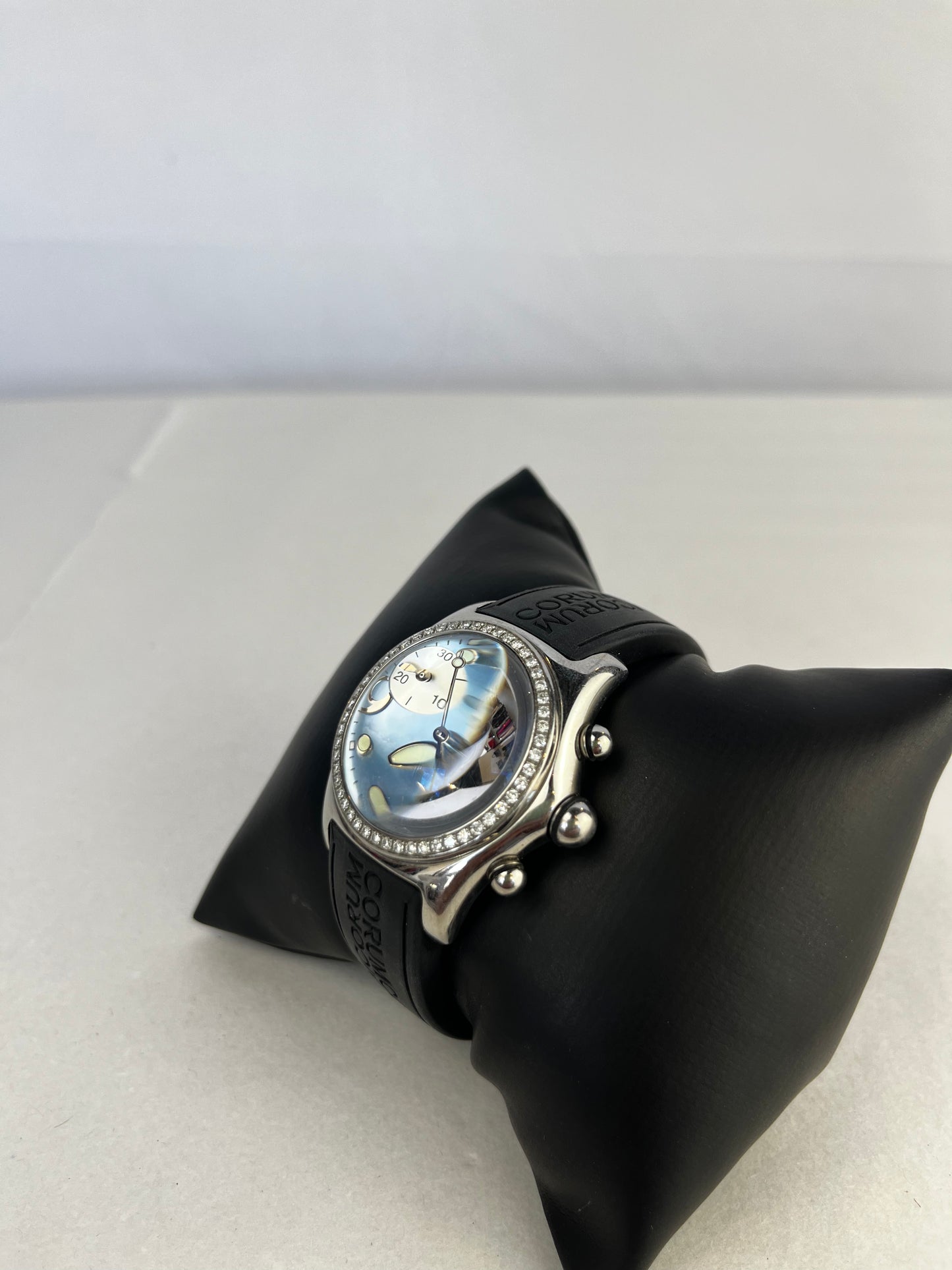 Corum Silver Toned Stainless Steel Blue Face Black Band Diamond Bezel Bubble Watch